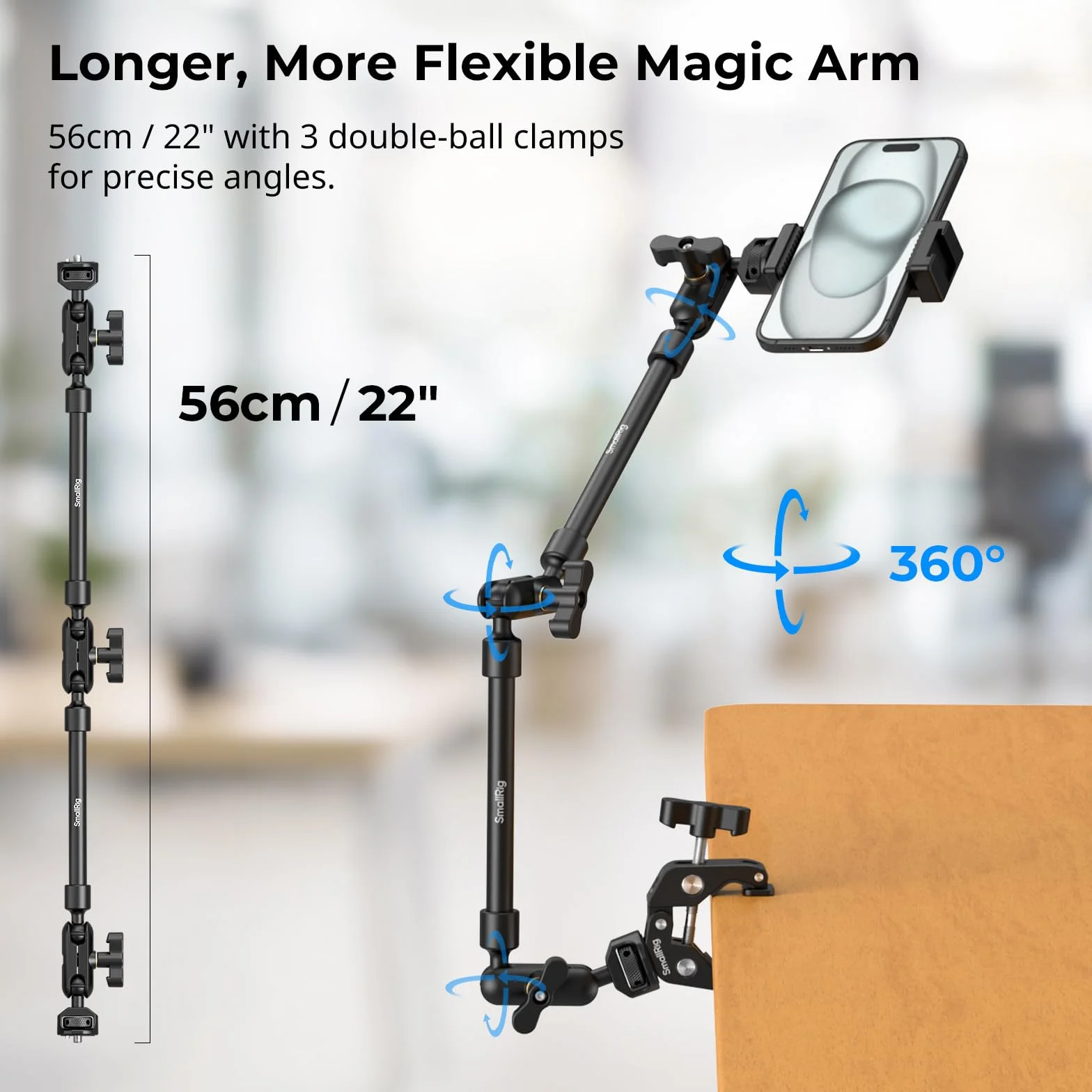 SMALLRIG 22" Magic Arm w Clamp, Overhead Phone Mount, Elastyczny Uchwyt i Zacisk do Kamery, Przegubowe Ramię Wysięgnika z Adapterem Gwintowanym - 4766