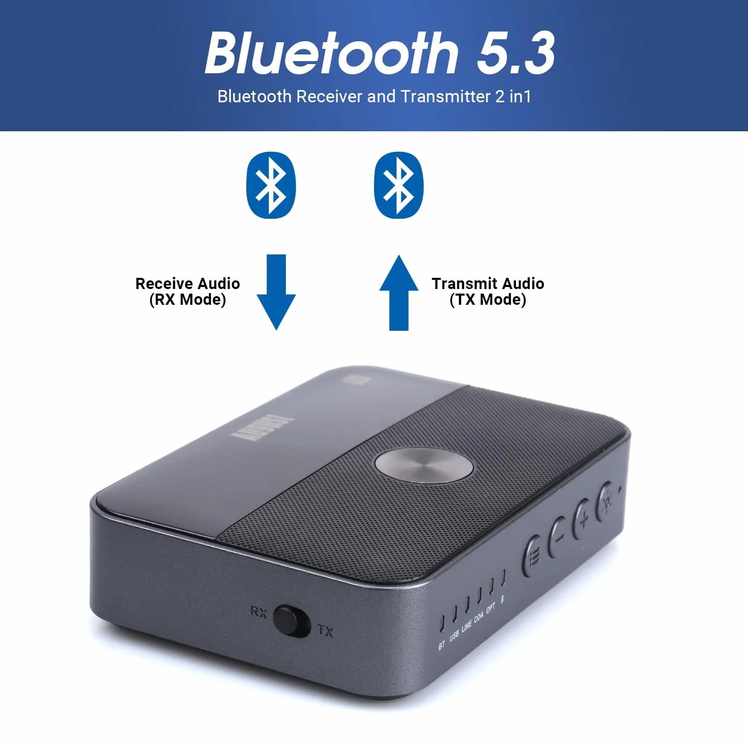 August MR285 Nadajnik i odbiornik Bluetooth ze złączami AUX, RCA, optycznym, koaksjalnym i USB - adapter audio Bluetooth NFC do telewizora, samochodu, słuchawek –wbudowana bateria, podwójne połączenie
