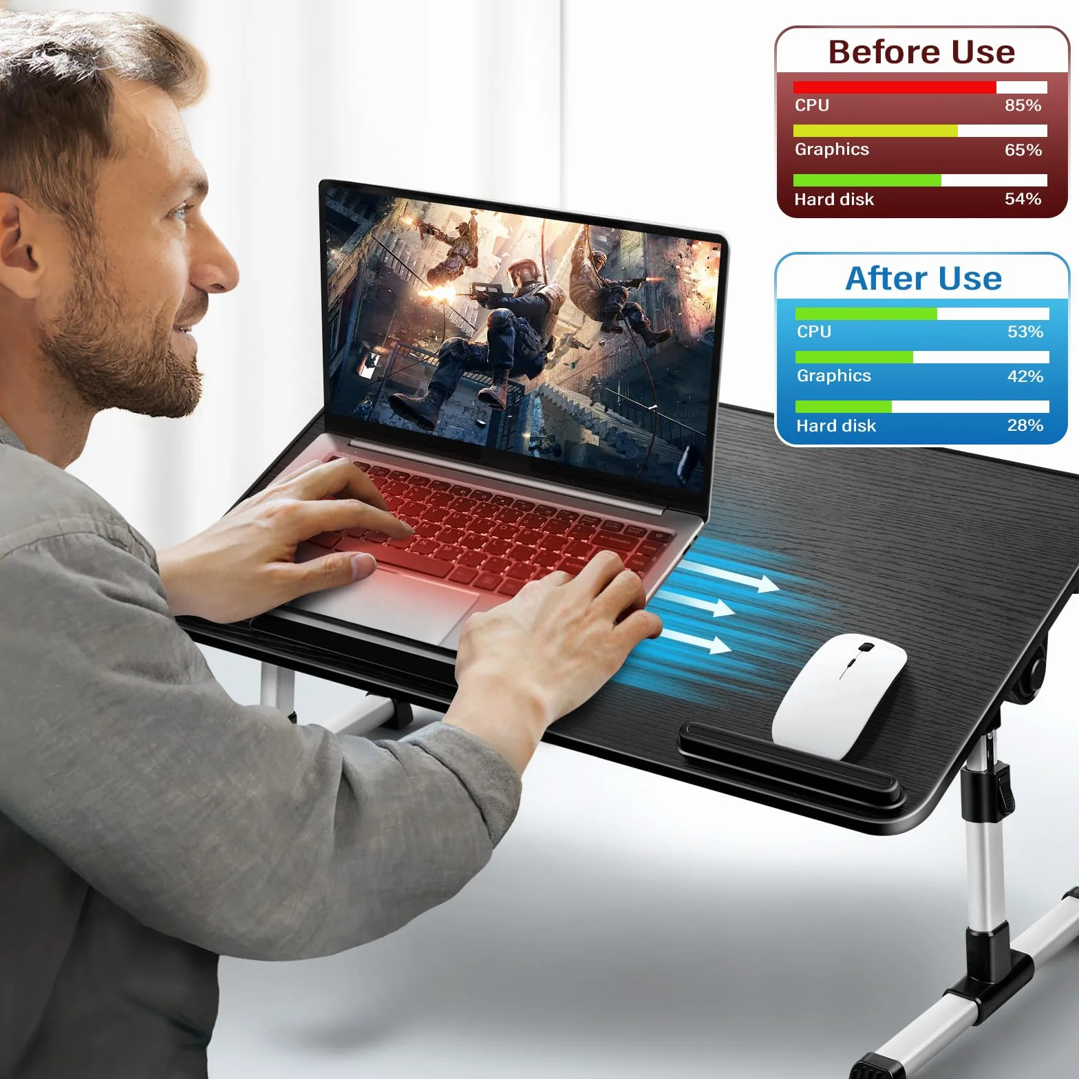 Stolik do Laptopa do łóżka, Regulowana Wysokość i Kąt, Składany, Z Szufladą, Wentylator Chłodzący do Laptopa, Może być Używany w łóżku, na Kanapie, na Podłodze (60 x 34 cm, Czarny)