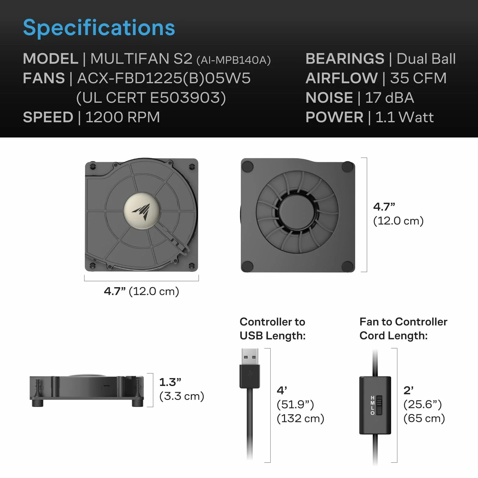 AC Infinity MULTIFAN S2, cichy wentylator dmuchawy USB 120 mm z regulacją prędkości, certyfikat UL, do odbiornika, DVR, Xbox, modemu, AV, chłodzenie szafką