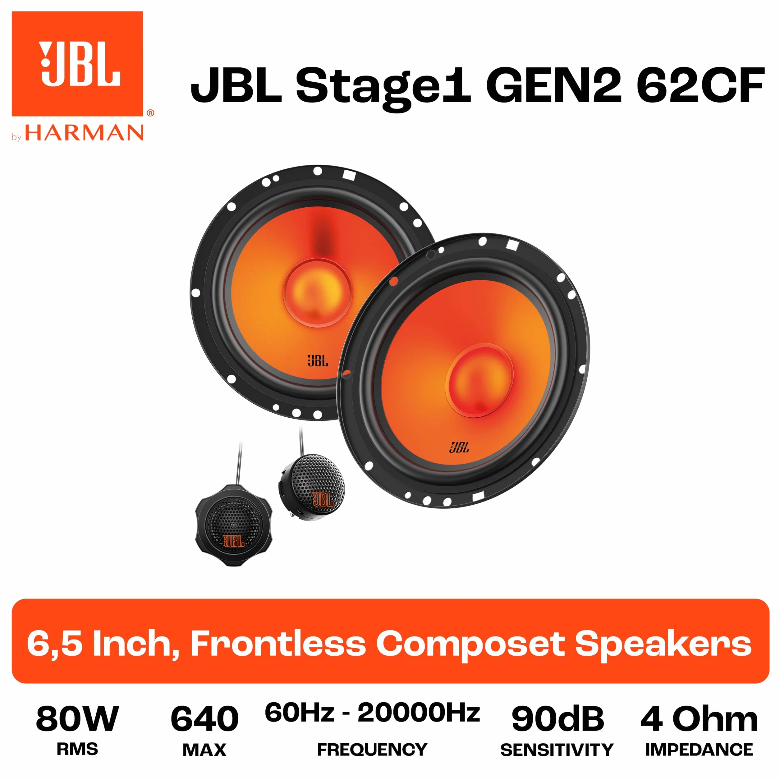 JBL Stage1 GEN2 62CF głośnik samochodowy 165 mm 6,5 cala 80 W RMS 640 W Max zestaw 2 głośników niskotonowych i 2 wysokotonowych