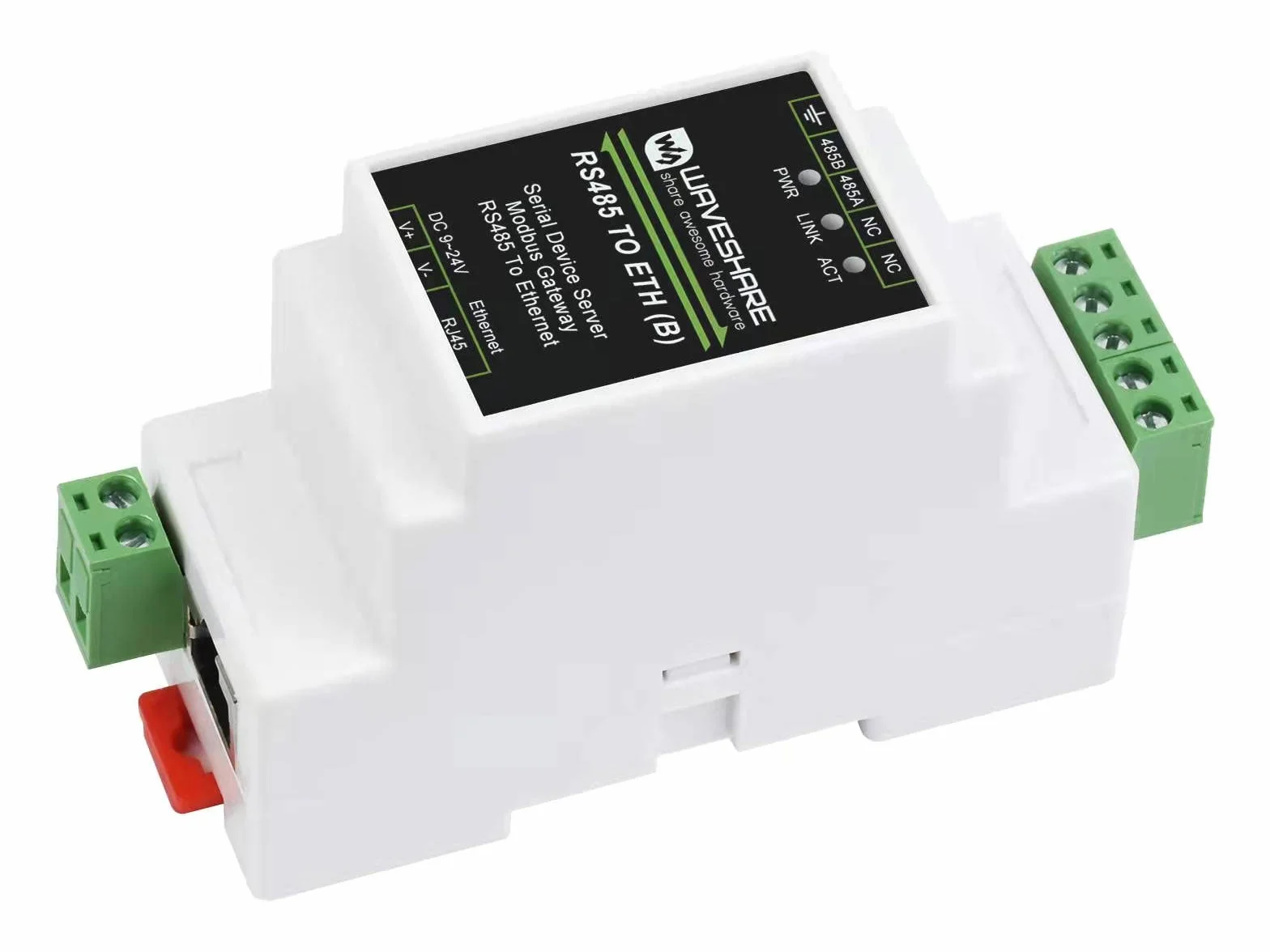 Waveshare RS485 do RJ45 Moduł Konwertera Ethernetu, Industrial Rail-Mount RS485 Serial Server, TCP/IP do modułu szeregowego, 300~115200 BPS Baurate, 10/100M Auto-Negotiation RJ45 Connector