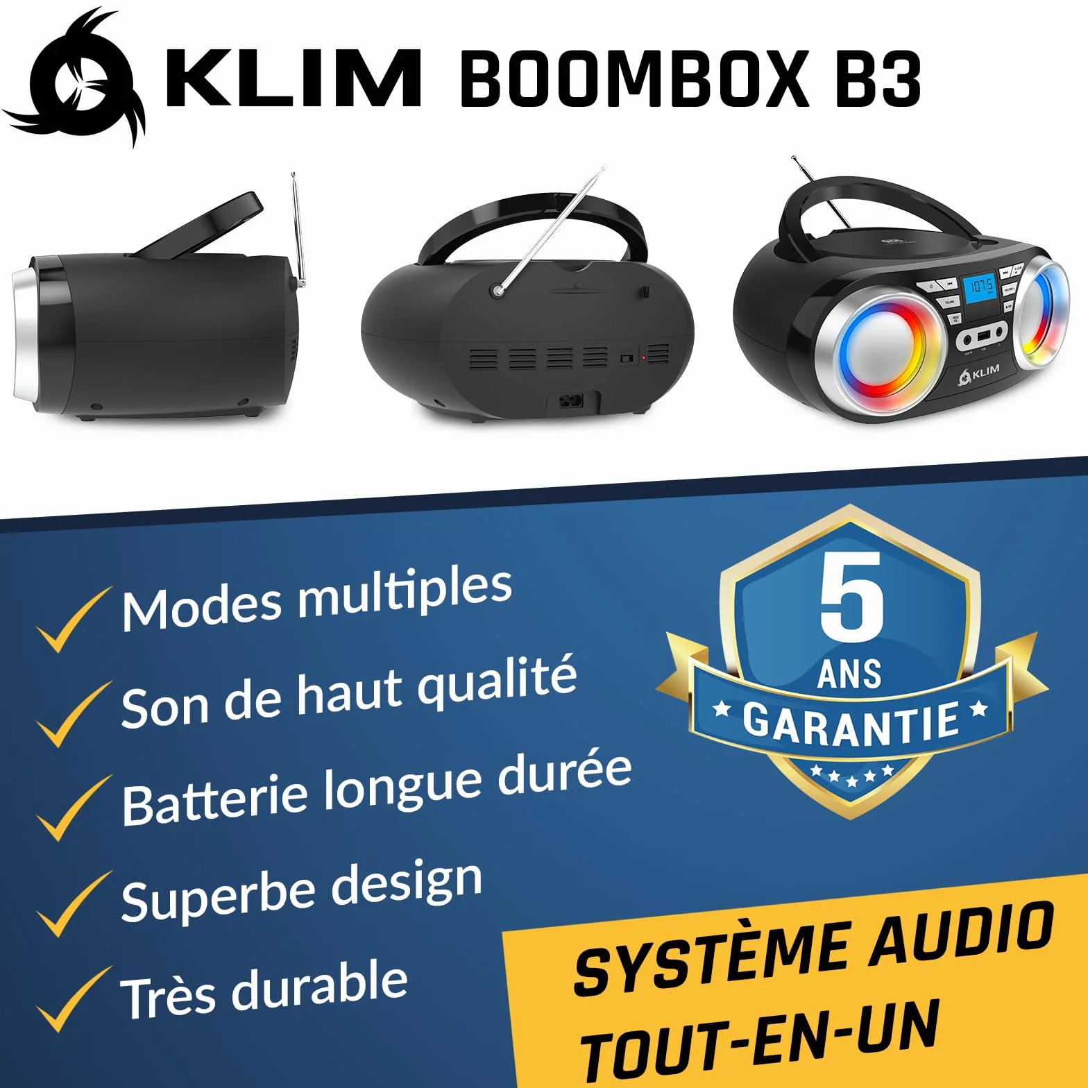 KLIM Boombox B3 + przenośny odtwarzacz CD + radio FM, CD, Bluetooth, USB, Bluetooth, MP3 + tryb przewodowy i bezprzewodowy z bateriami + ulepszona soczewka laserowa + NOWOŚĆ 2022