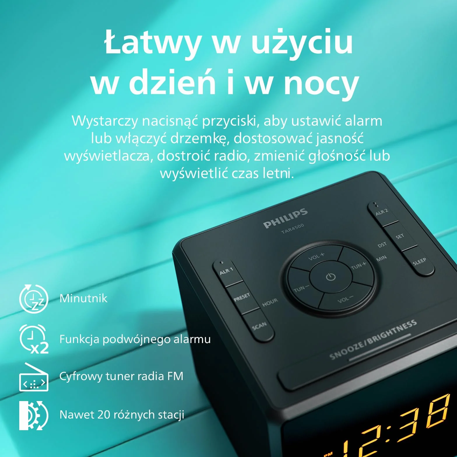 Philips TAR4500 Radiobudzik FM z podwójnym alarmem i portem USB-C