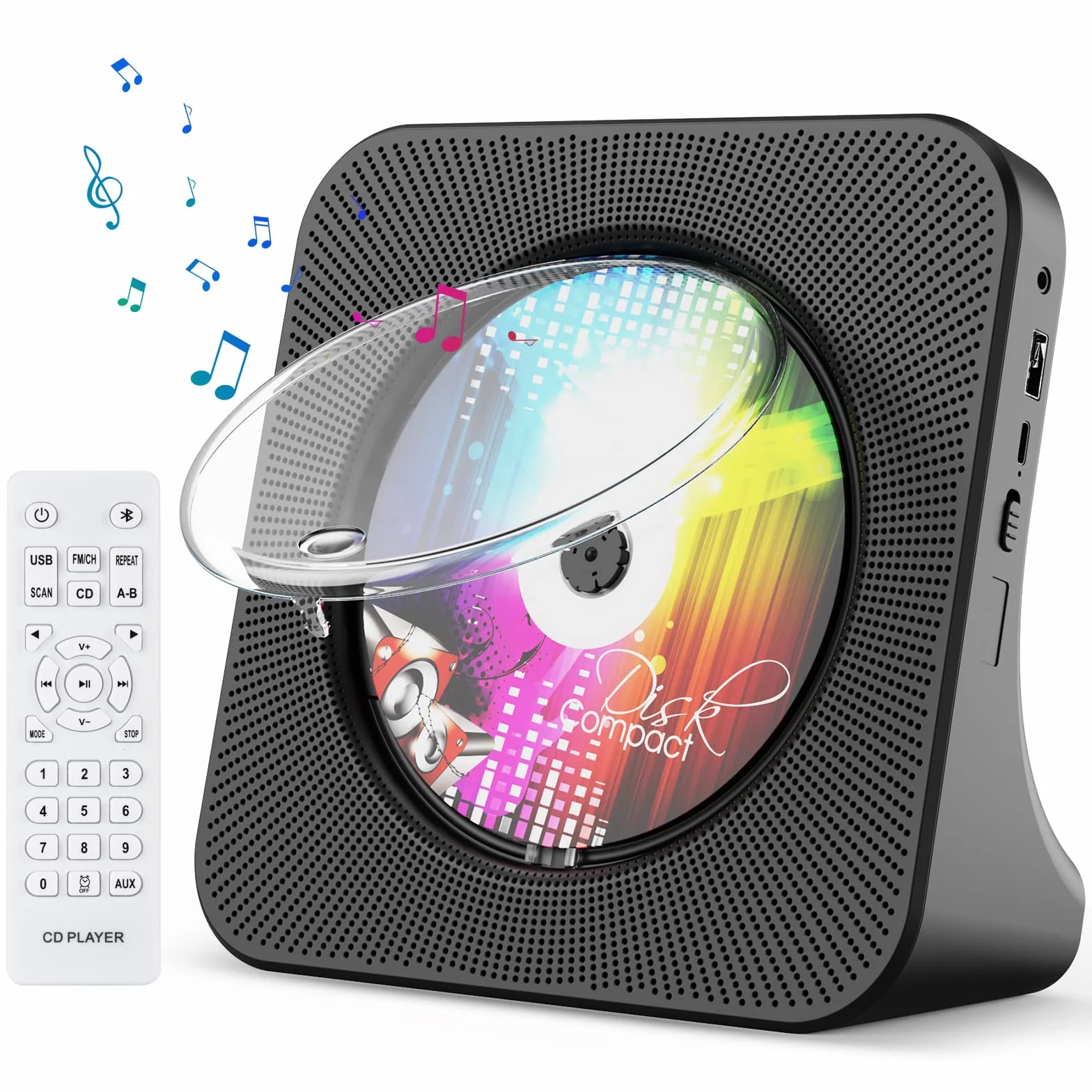 Gueray Desktopowy odtwarzacz CD z Bluetooth, Radio FM, USB-C, wbudowane głośniki HiFi, LED, czarny