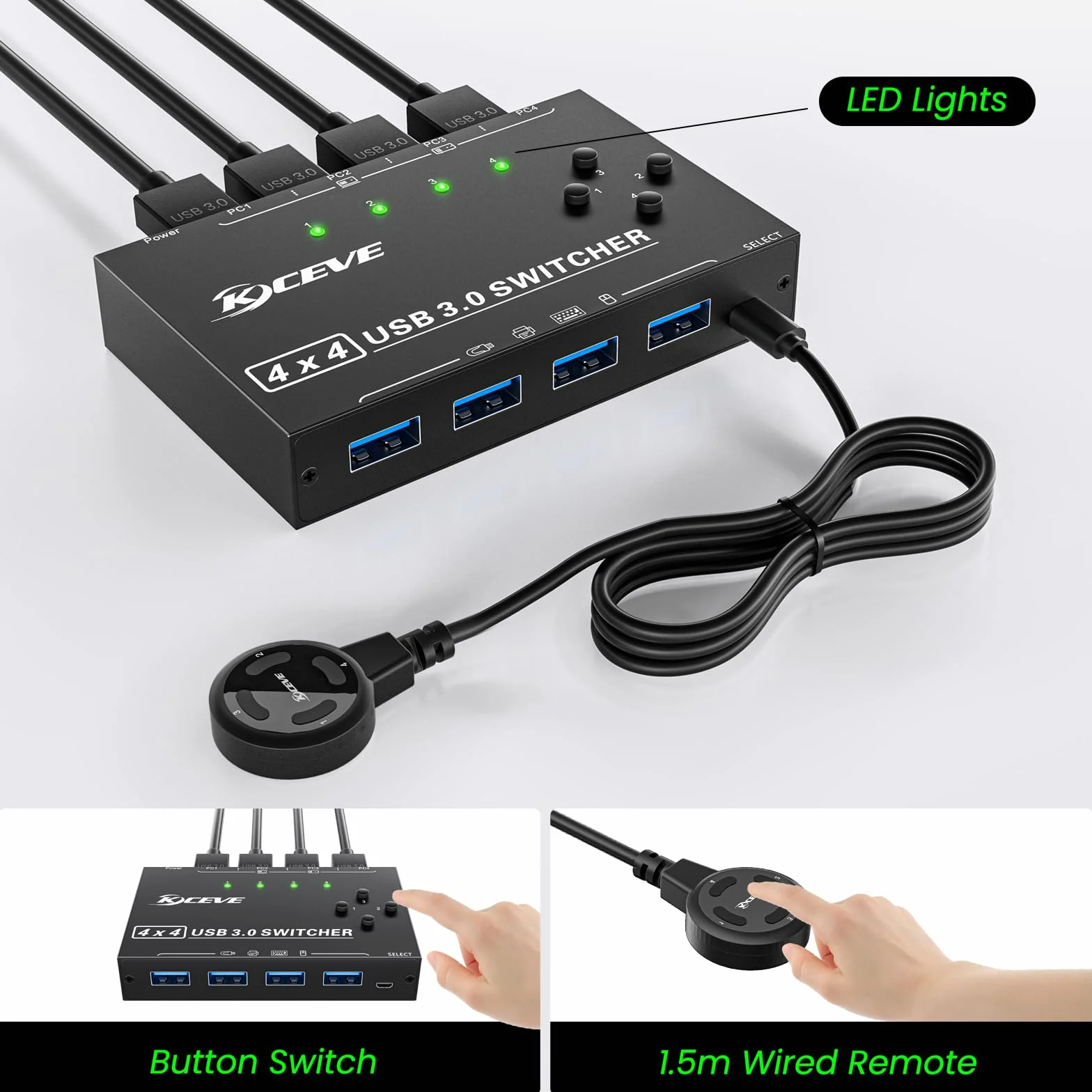 Przełącznik USB 3.0 do 4 komputerów, YOUTINGHDAV 4 wejścia i 4 wyjścia, Switch USB 3.0, do klawiatury, myszy, drukarki, skanera, z przewodowym pilotem i 4 kablami USB 3.0