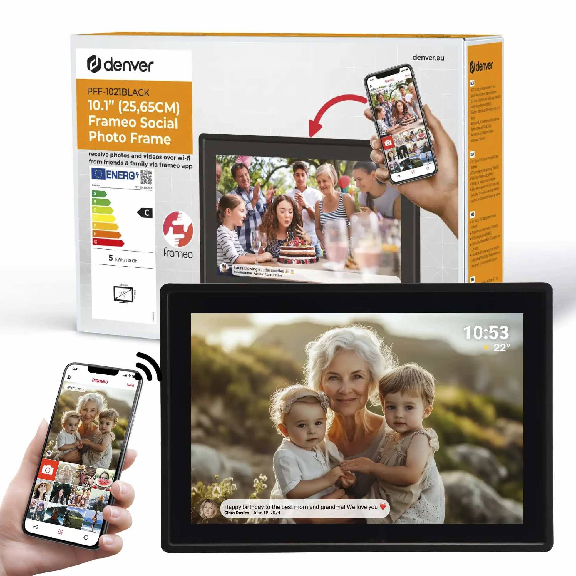 Denver PFF1021 Cyfrowa ramka na zdjęcia WiFi 10,1" 16 GB ekran dotykowy IPS czarna