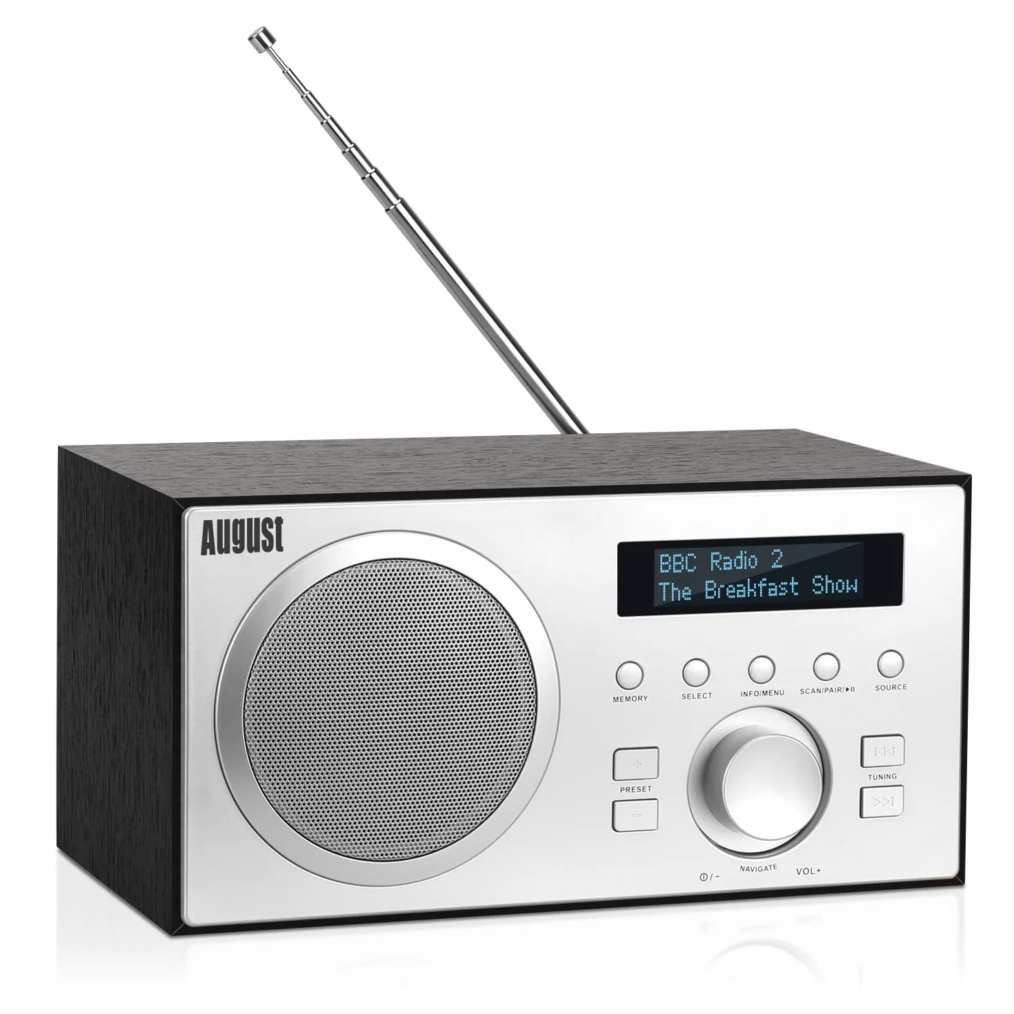 August MB420 Radio DAB+/FM z Bluetooth cyfrowe radio kuchenne z drewnianą obudową z funkcją RDS, 60 ustawień Hifi Bluetooth 5 W – budzik radiowy z funkcją drzemki – USB/Aux-In/Aux-Out