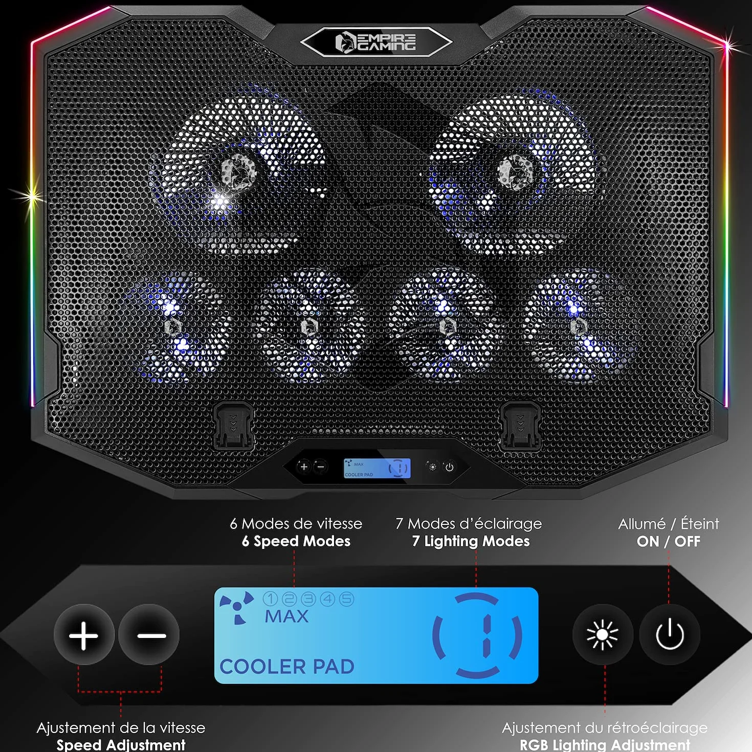 EMPIRE GAMING Guardian S-C100 chłodziarka do laptopa RGB 6 wentylatorów kontroler LCD 5 ustawień wysokości 12-17 cali