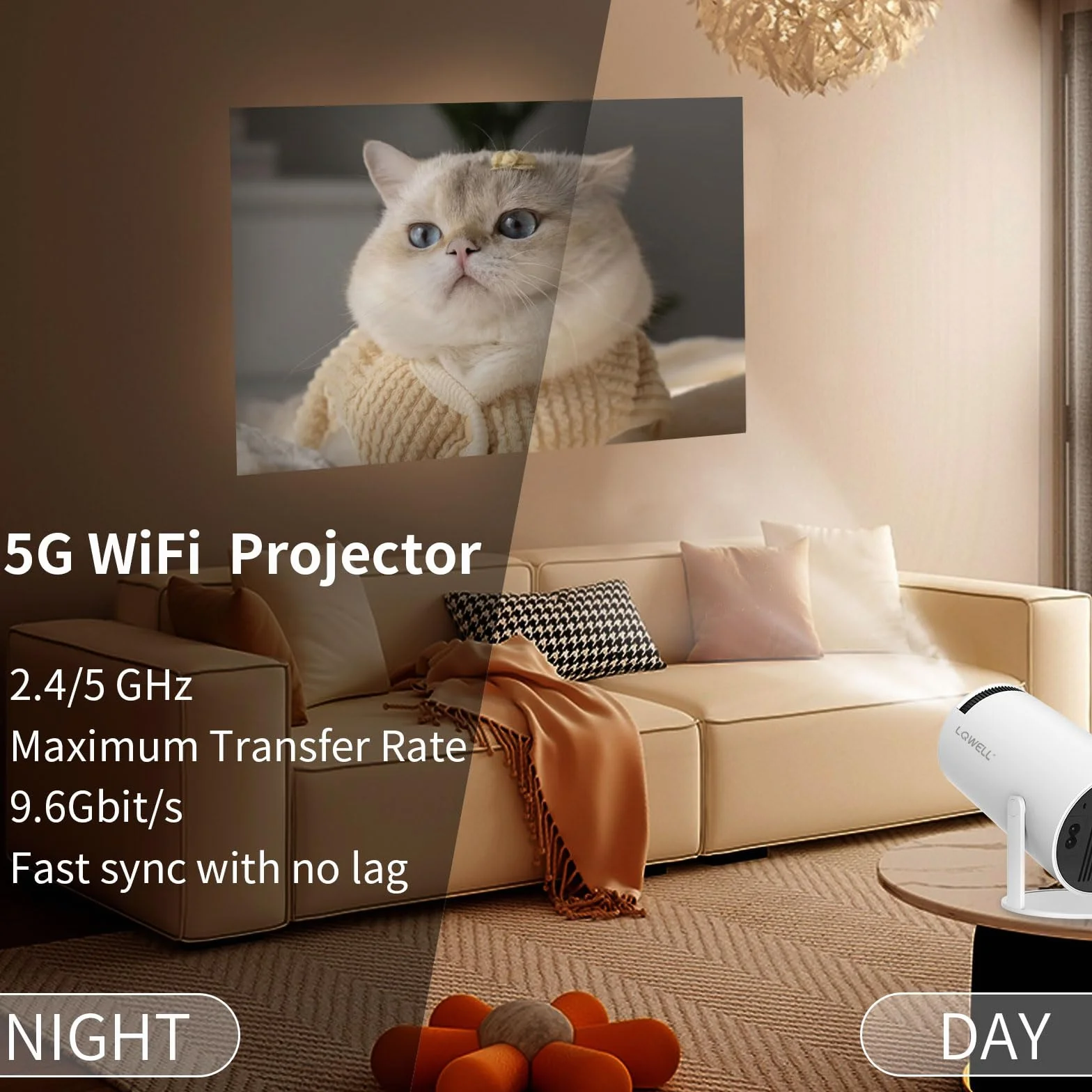 LQWELL® Projektor mini, obsługuje WiFi 5G, BT5.0 z systemem Android OS 11.0, automatyczna korekcja trapezu, kąt 220 stopni, wyświetlacz 130 cali do telefonów/PC/Lap/Stick, 4K kina domowego, HDMI