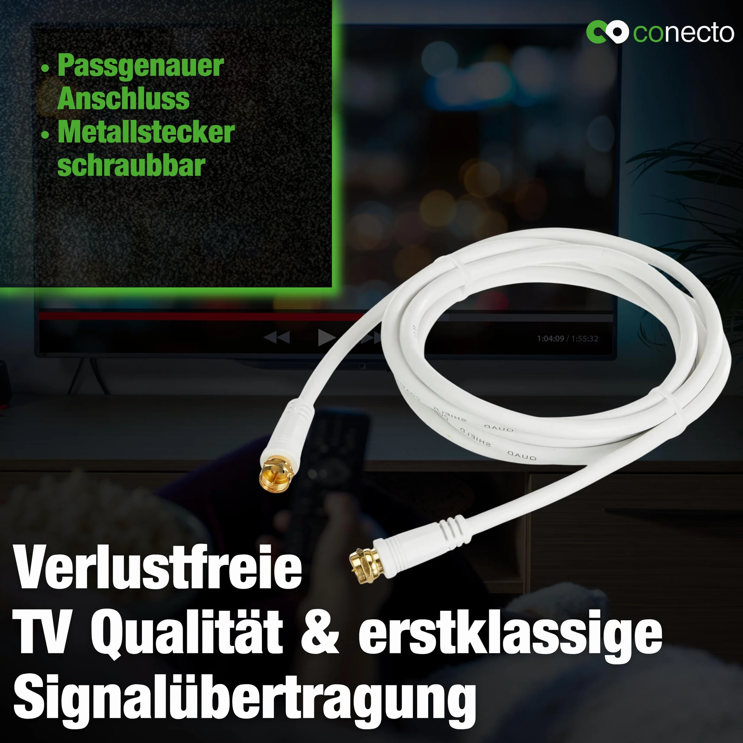 conecto Kabel antenowy SAT, kabel koncentryczny, kabel satelitarny TV 10 m, 4-krotnie ekranowany, wtyczka F, do HDTV, odbiornika, satelity, DAB, radia, biały