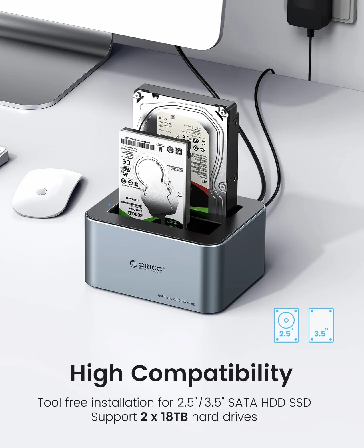 ORICO Aluminiowa stacja dokująca z podwójnym dyskiem twardym, USB 3.2 Gen 2 do SATA 2,5/3,5 cala SSD/HDD, 2 kieszenie, zasilacz 12 V 3 A, obsługuje 2 x 18 TB, bez użycia narzędzi (6626C3)
