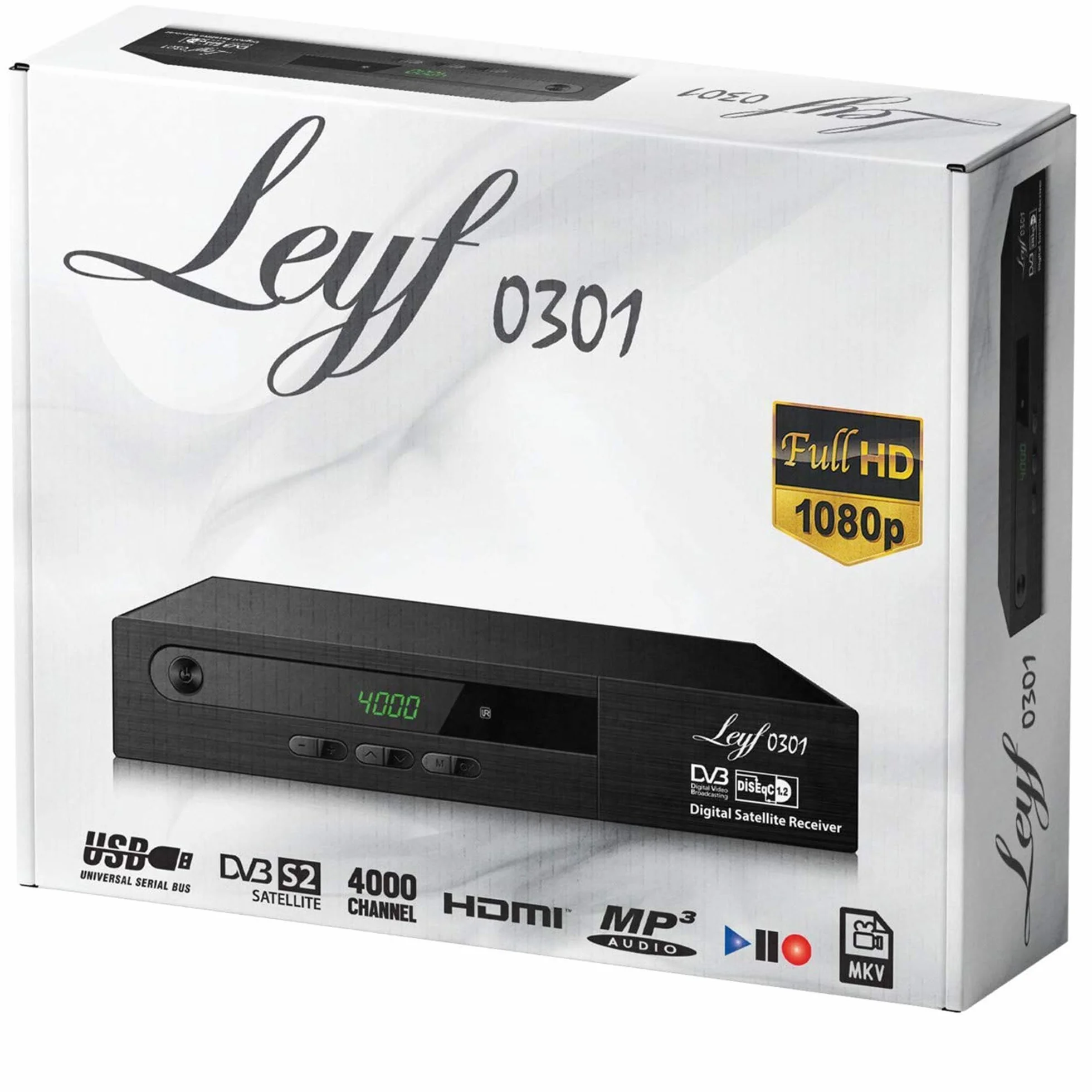 Odbiornik satelitarny Leyf PVR: funkcja nagrywania cyfrowego (HDTV, DVB-S/DVB-S2), HDMI, Scart, 2 porty USB, Full HD (1080p) [wstępnie zaprogramowany dla Astra, Hotbird i Tursat] + kabel HDMI