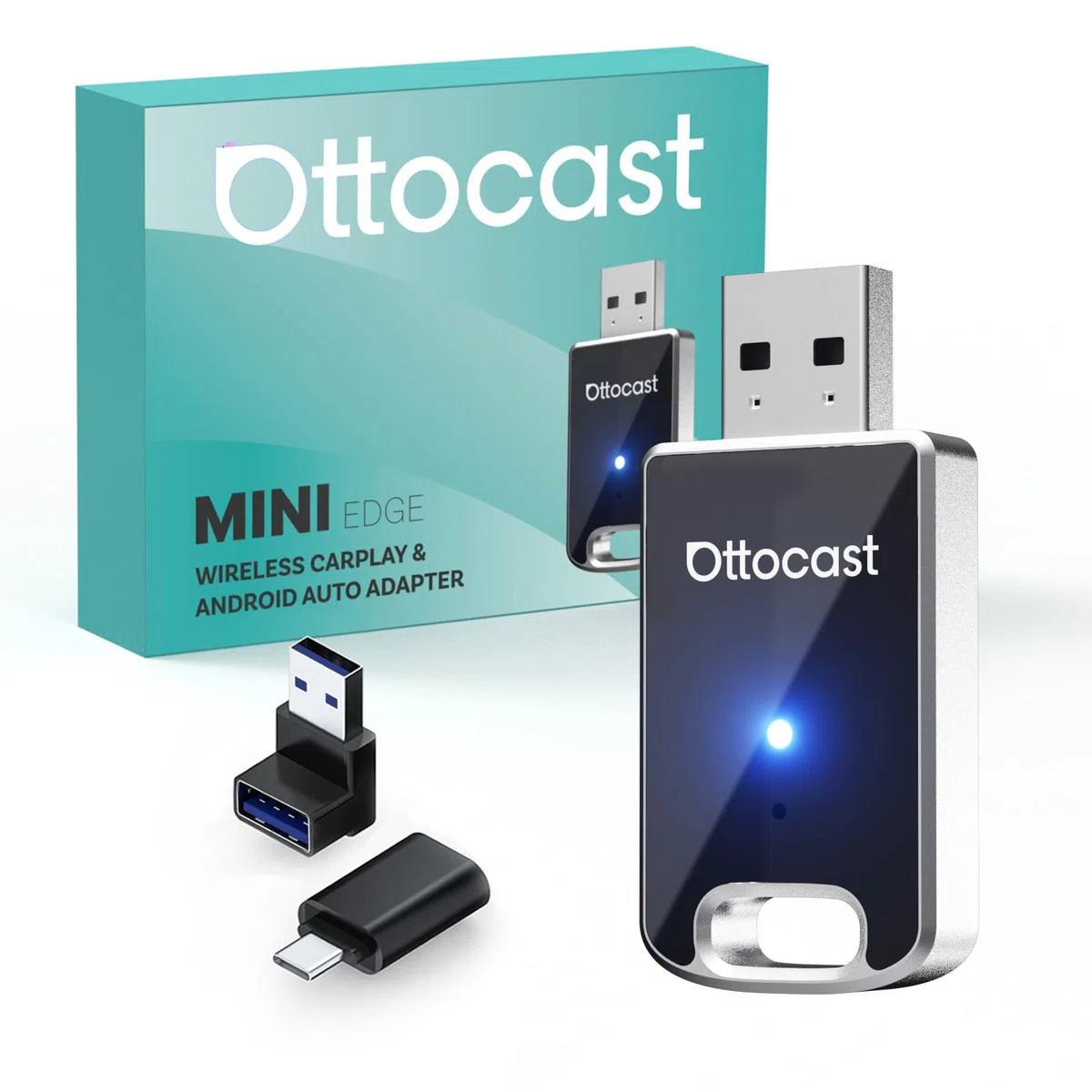(Nowy Model 2025) OTTOCAST Adapter Bezprzewodowy 2 w 1 Carplay Android Auto, OTTO CAST Mini Edge dla iOS 10+ i Android 11+, Płynne Połączenie z Fabrycznym Carplay/AndroidAuto w Samochodach