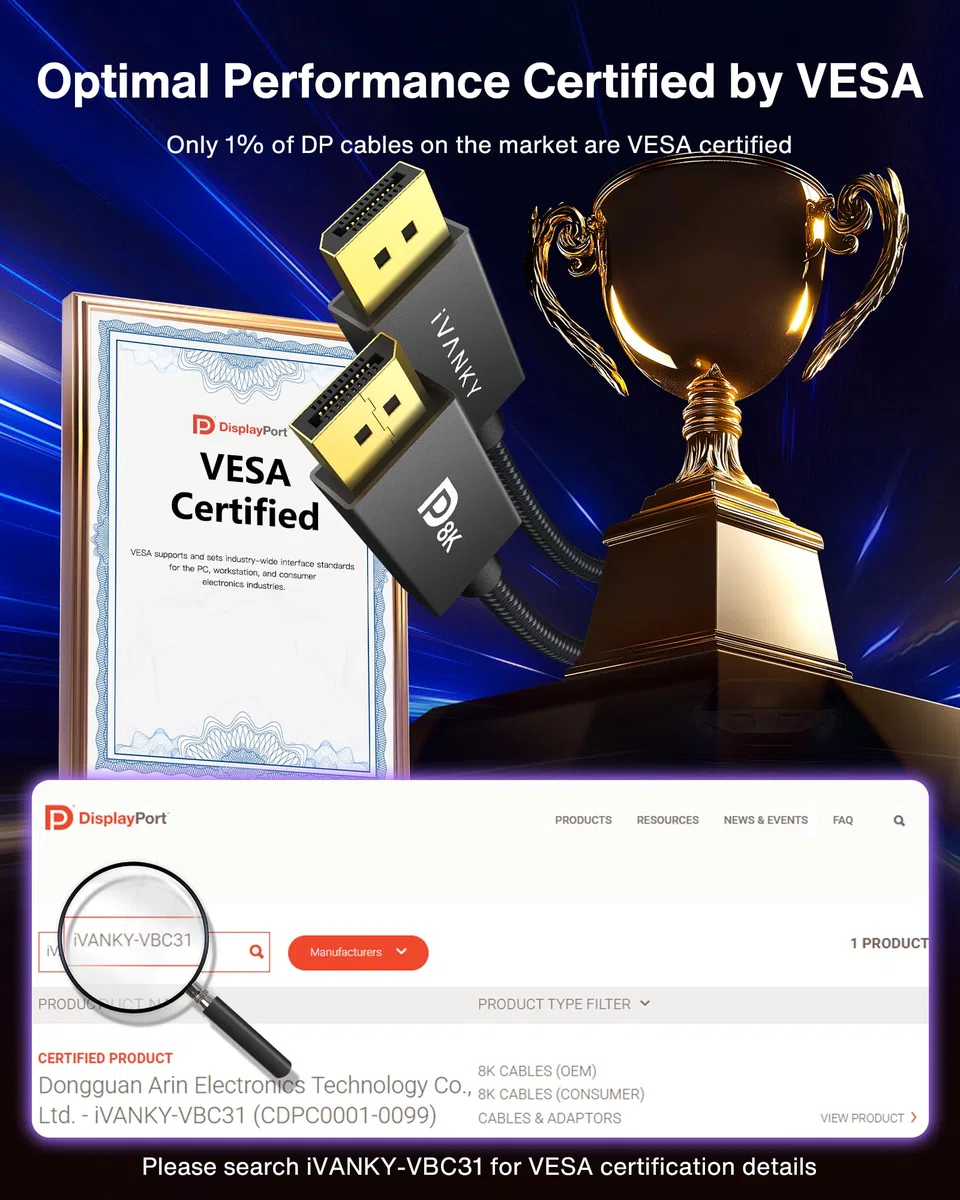 IVANKY Kabel DisplayPort 8K, certyfikat VESA, kabel DP 1.4, 2 m, obsługa wysokiej prędkości 8K przy 60 Hz, 4K przy 144 Hz, 2K przy 240 Hz, obsługa HBR3 32,4 Gb/s, HDCP 2.2, kompatybilny z laptopem