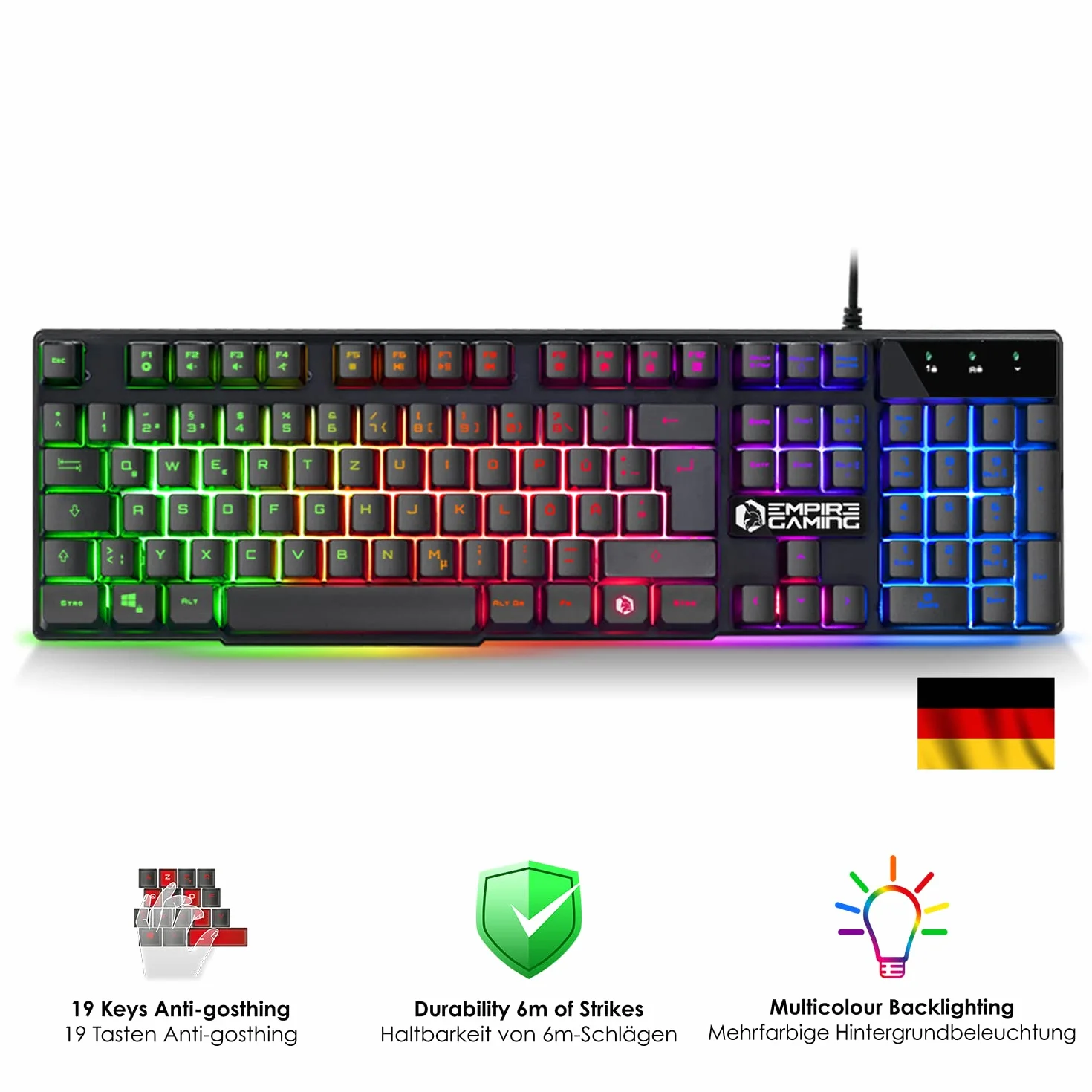EMPIRE GAMING - Zestaw 3 w 1 MK800 - klawiatura do gier QWERTZ Niemiecka RGB 105 klawiszy 19 klawiszy Anti-Ghosting - Ergonomiczna mysz do gier RGB 2400 DPI - podkładka pod mysz - PC PS4 PS5 Xbox One
