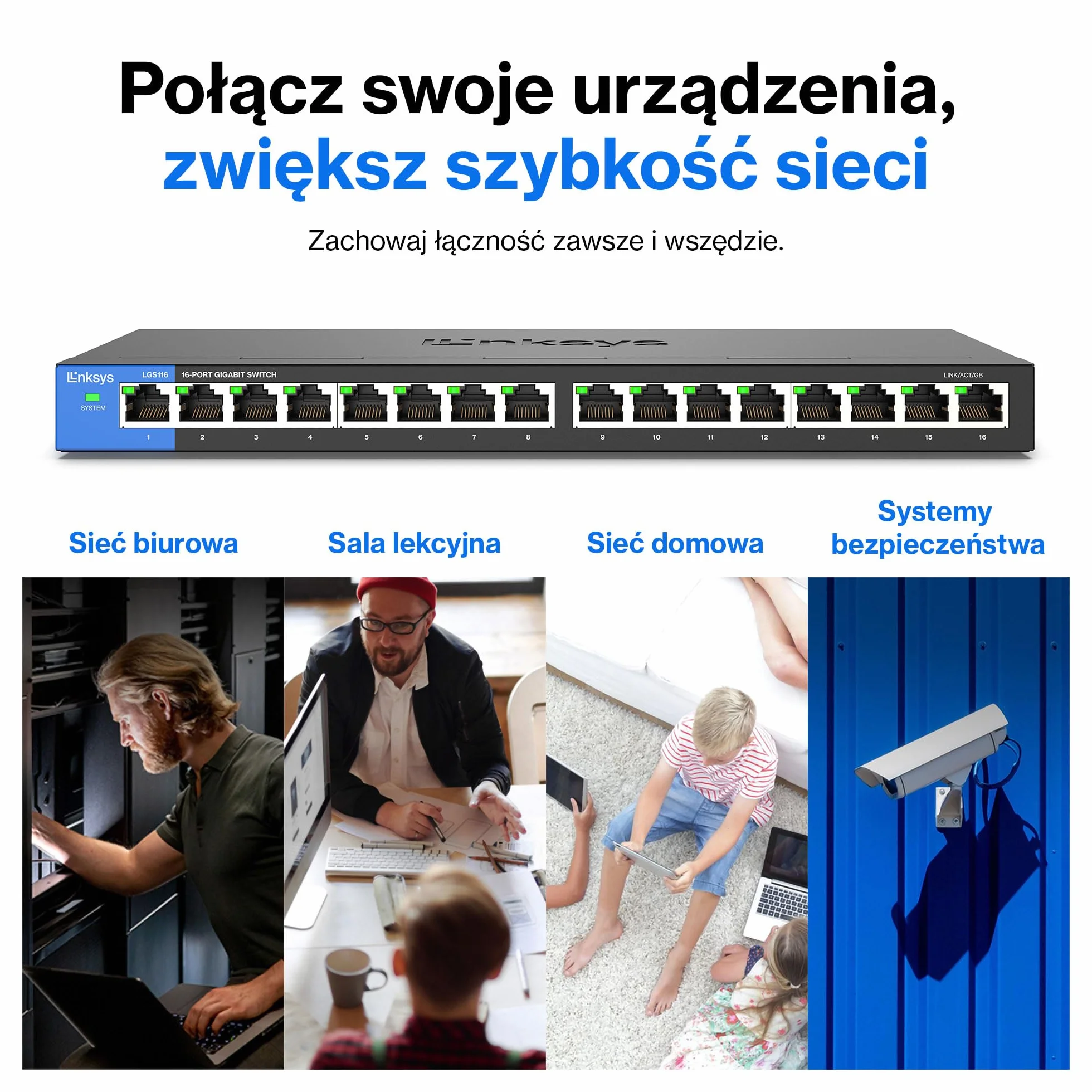 Linksys LGS116-EU 16-portowy gigabitowy niezarządzalny przełącznik sieciowy Ethernet, metalowa obudowa, Plug & Play