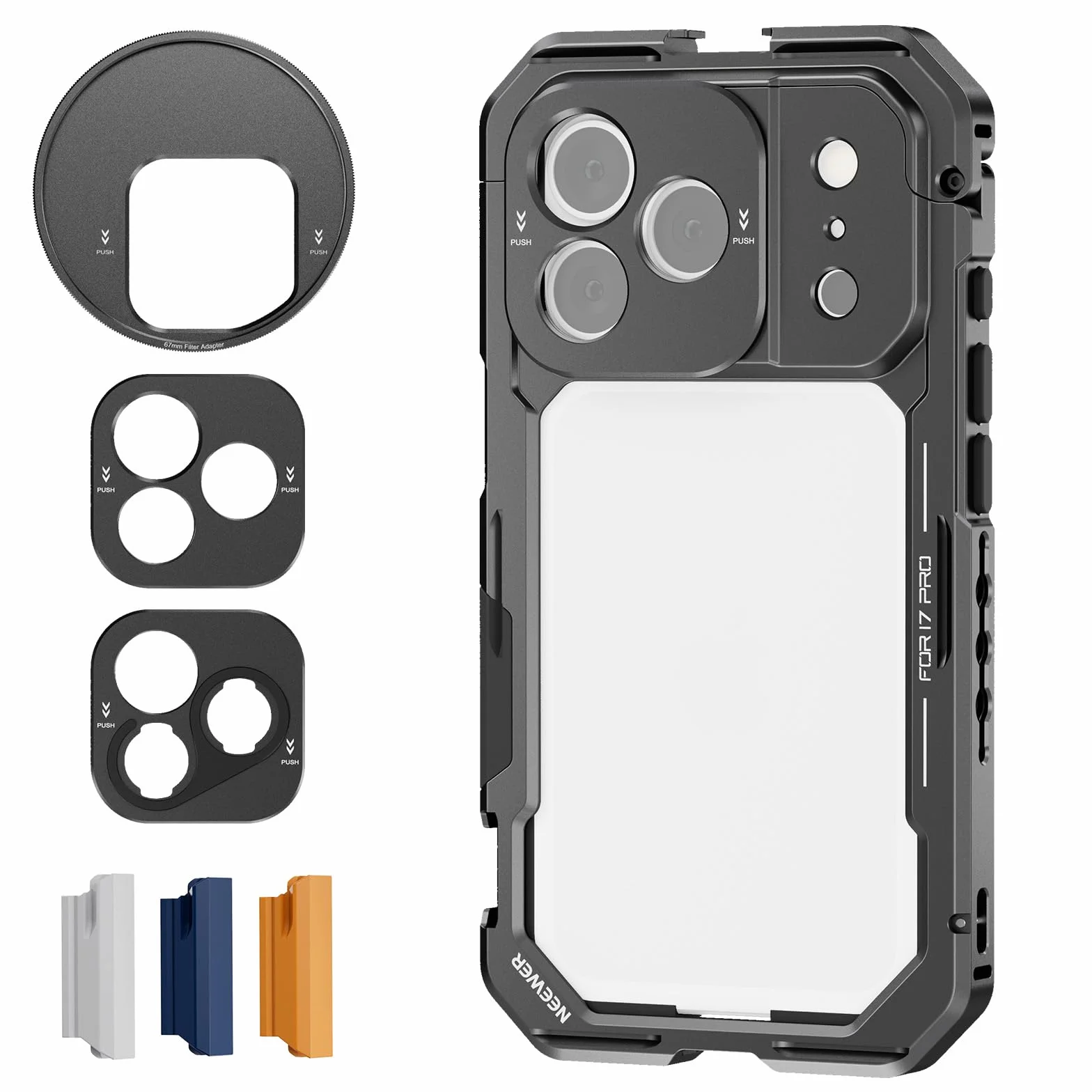 NEEWER Klatka na telefon kompatybilna z iPhone 17 Pro, akcesoria do stabilizatora wideo Quick Release z pierścieniem filtrującym 67 mm, tylna płyta obiektywu 17 mm, adapter montażowy