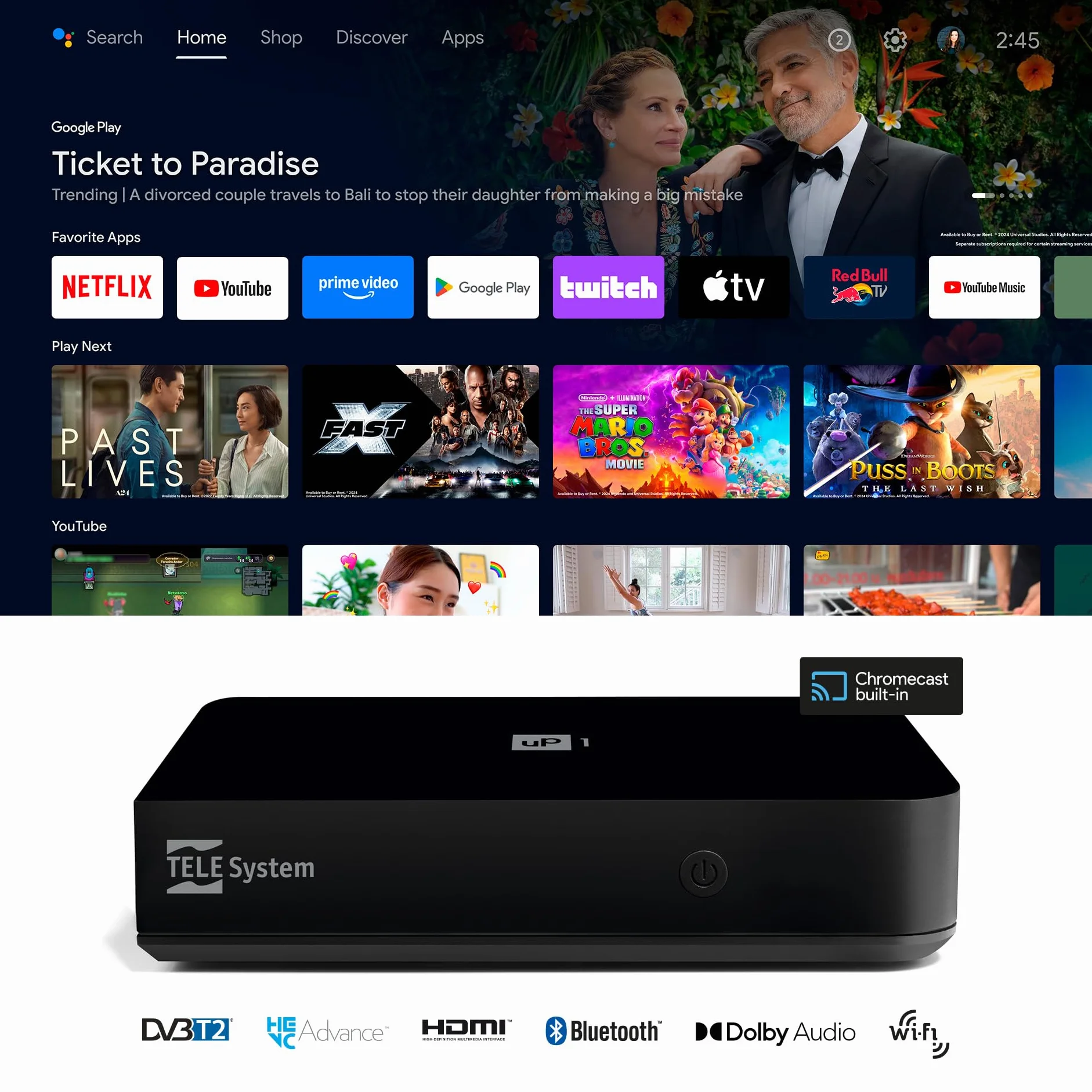 TELE System UP1 Cyfrowy dekoder naziemny Android TV Ultra HD DVB-T2 HEVC HDR10+ HLG AV1 HDMI SCART