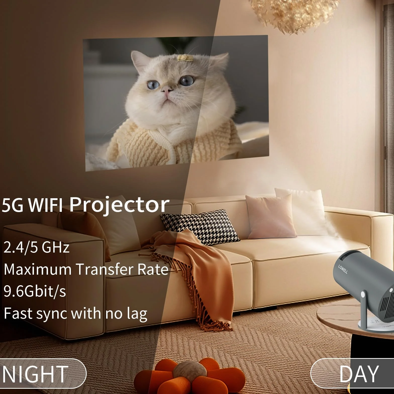 LQWELL Mini projektor, obsługuje 5G WiFi, BT5.0 z systemem Android, automatyczna korekcja trapezu, kąt 220 stopni, wyświetlacz 130 cali do telefonu/komputera/Xboxa, kino domowe 4K, HDMI