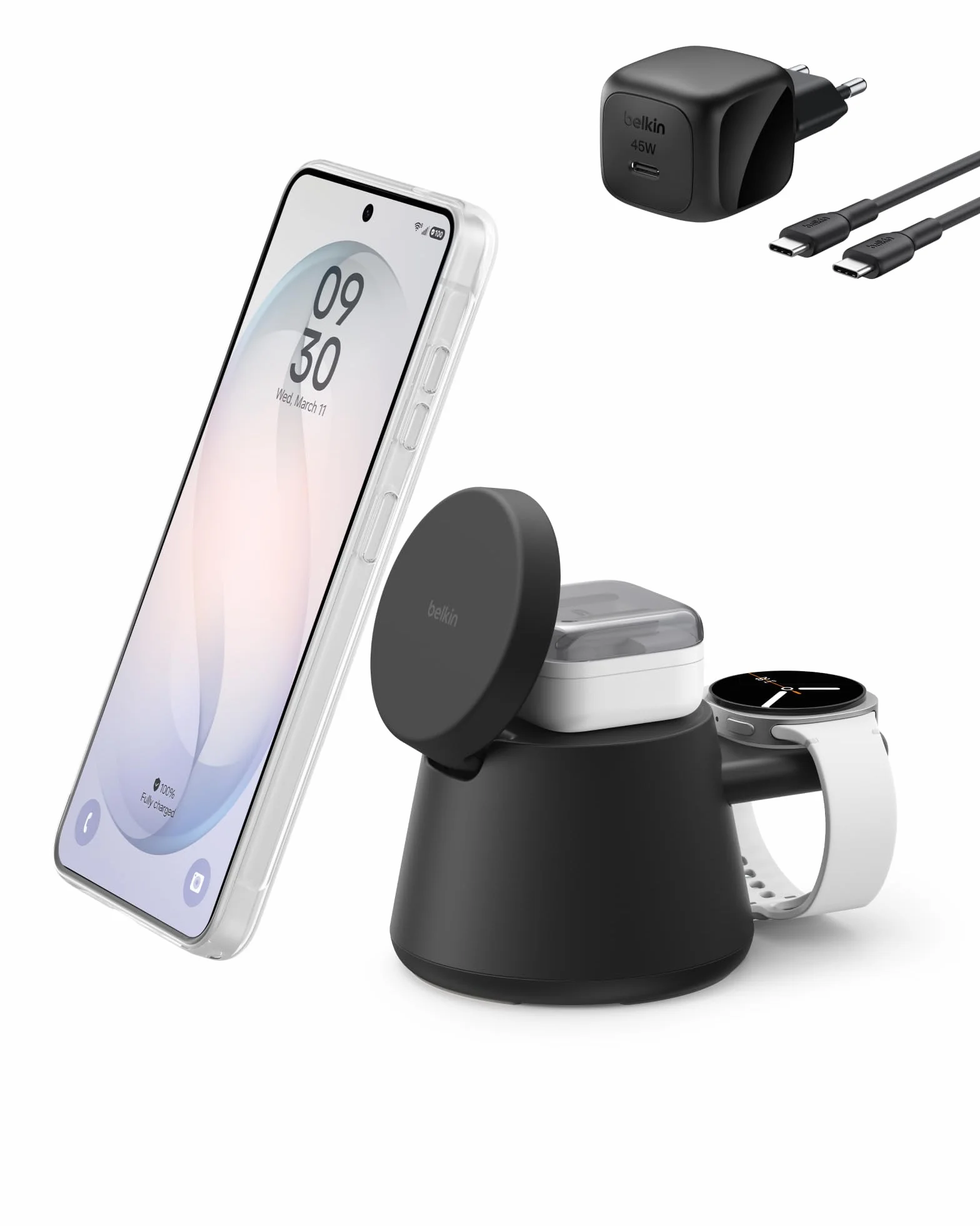 Belkin UltraCharge Bezprzewodowa Stacja 3 w 1 z Portem USB-C do Smartwatcha (Bez Ładowarki do Zegarka), Ładowarka Magnetyczna Qi2.2 25 W, Zasilacz 45 W – Samsung Galaxy S26, Galaxy Watch, Apple Watch