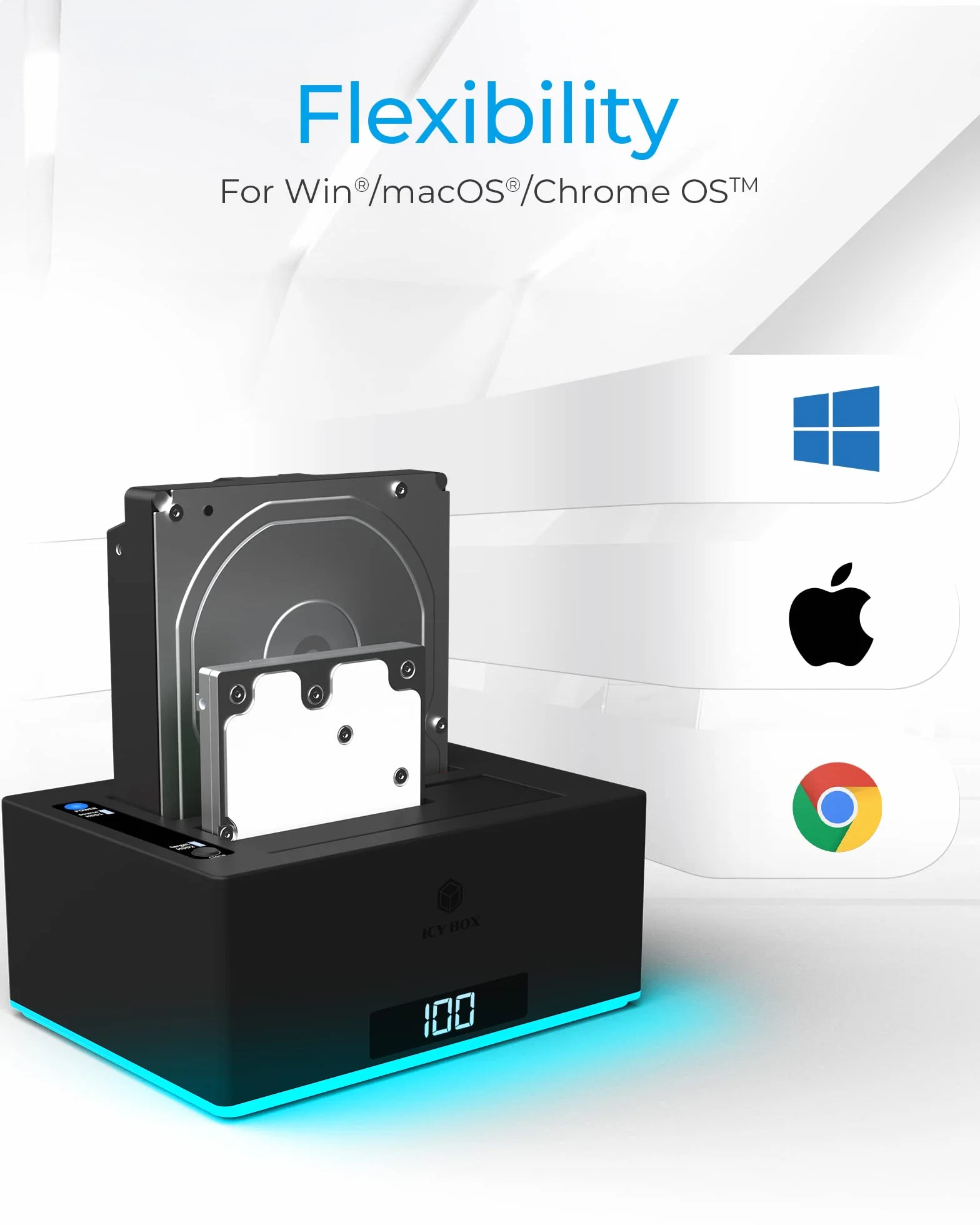 ICY BOX Stacja dokująca USB 3.0 2-drożna stacja dokująca do dysków twardych 2,5" i 3,5" SATA HDD/SSD, RGB, funkcja klonowania offline, USB-C & USB-A, UASP, IB-127CL-U3
