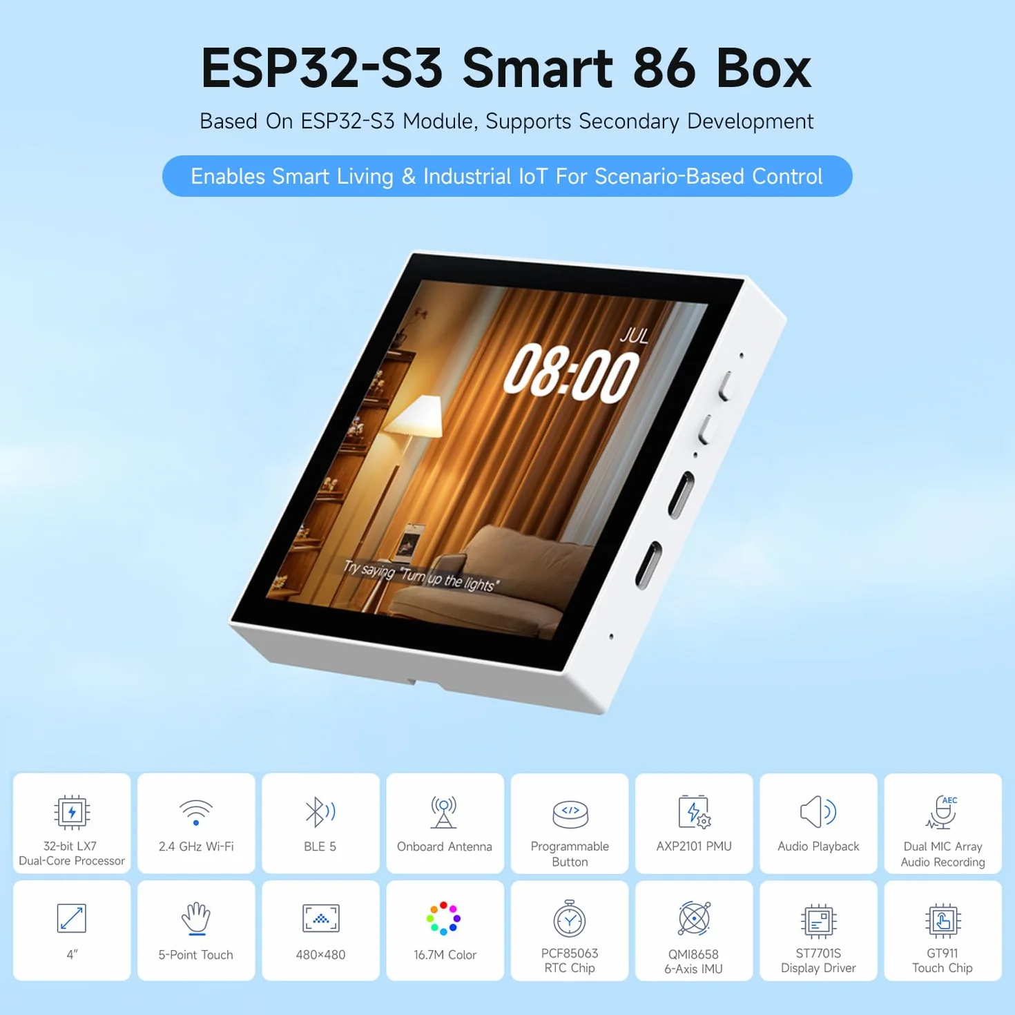 Waveshare ESP32-S3 Smart 86 Box Development Board, Support 2.4GHz Wi-Fi & BT BLE 5, Onboard 4inch 480 × 480 Pixel Touch Display, 5-Point Touch, RGB Interface
