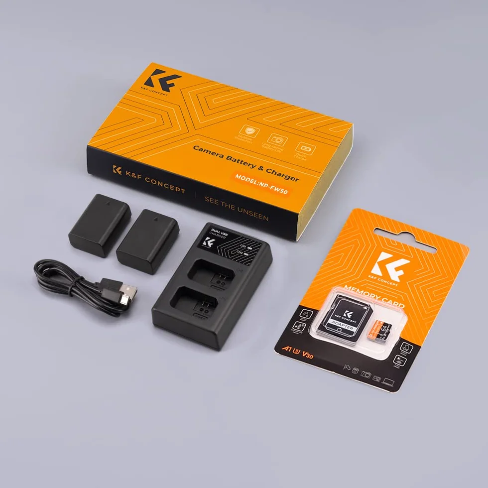 K&F CONCEPT NP-FW50 ładowarka do aparatu, bateria 1100 mAh, 2 sztuki zestaw do ładowania do Sony ZV-E10 A6000, A6500, A6300, A6400, A7, A7II, A7RII, A7SII, A7S, A7S2, A7R, A7R2, A55, A5100