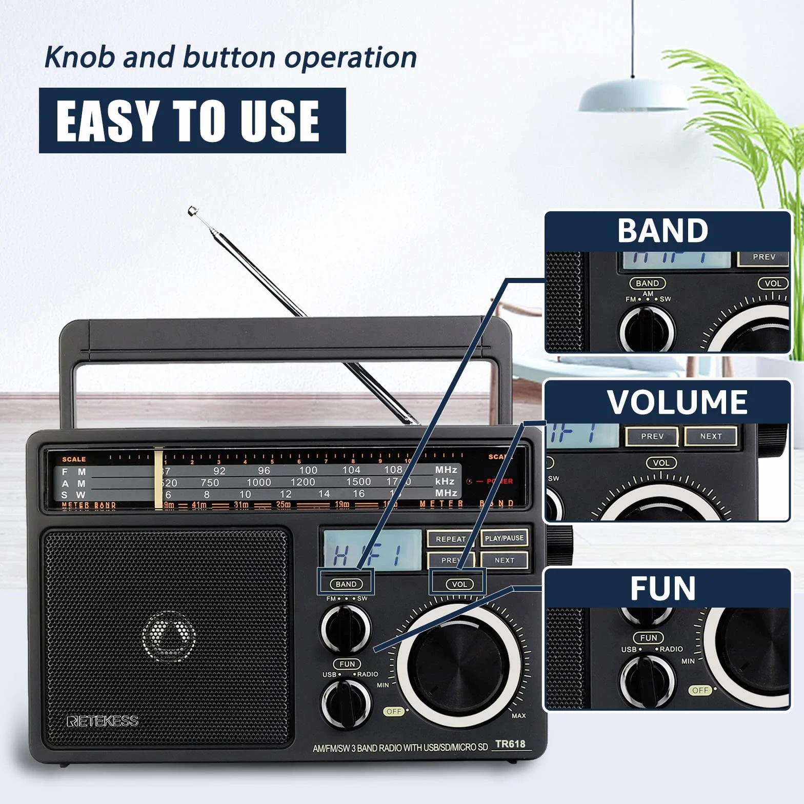 Retekess TR618 Przenośne Radio FM AM SW Analogowe Krótkofalowe USB SD/TF Gniazdo Słuchawkowe Zasilanie Sieciowe Akumulator Ciemnoszary