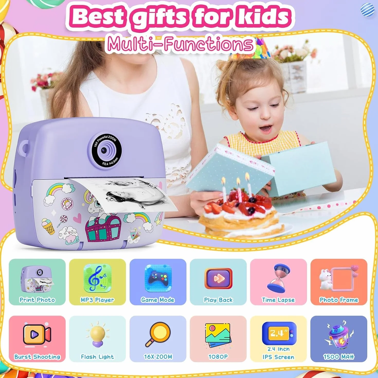 Aparat natychmiastowy dla dzieci, aparat kompaktowy, 1080p HD, natychmiastowe drukowanie zdjęć, prezent urodzinowy, prezent na Boże Narodzenie, zabawka od 3, 4, 5, 6, 8, 7, 9, 10, 11 lat, dla
