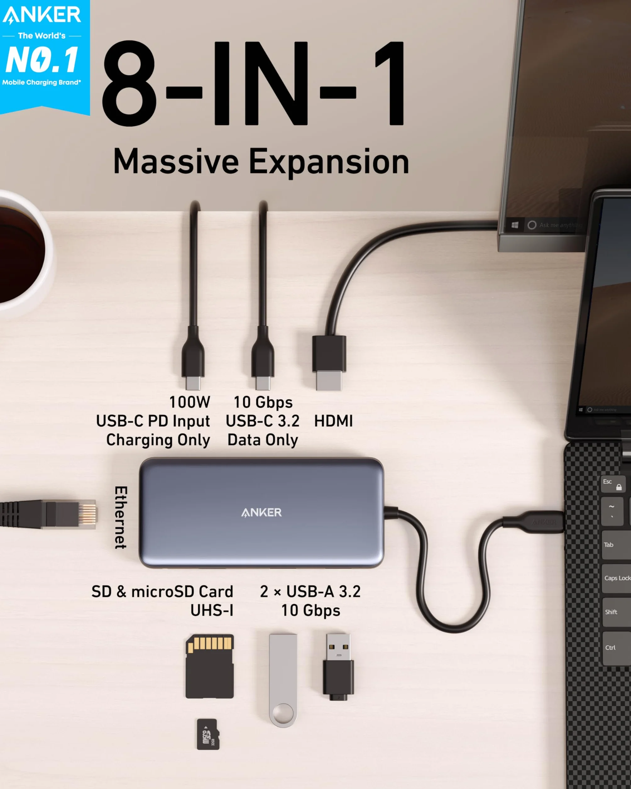 Anker Adapter PowerExpand 8 w 1, 100 W Power Delivery, 4 K 60 Hz, HDMI, 10 Gb/s USB-C i 2 porty USB A, port Ethernet, micro SD i SD, dla MacBooka Pro i innych