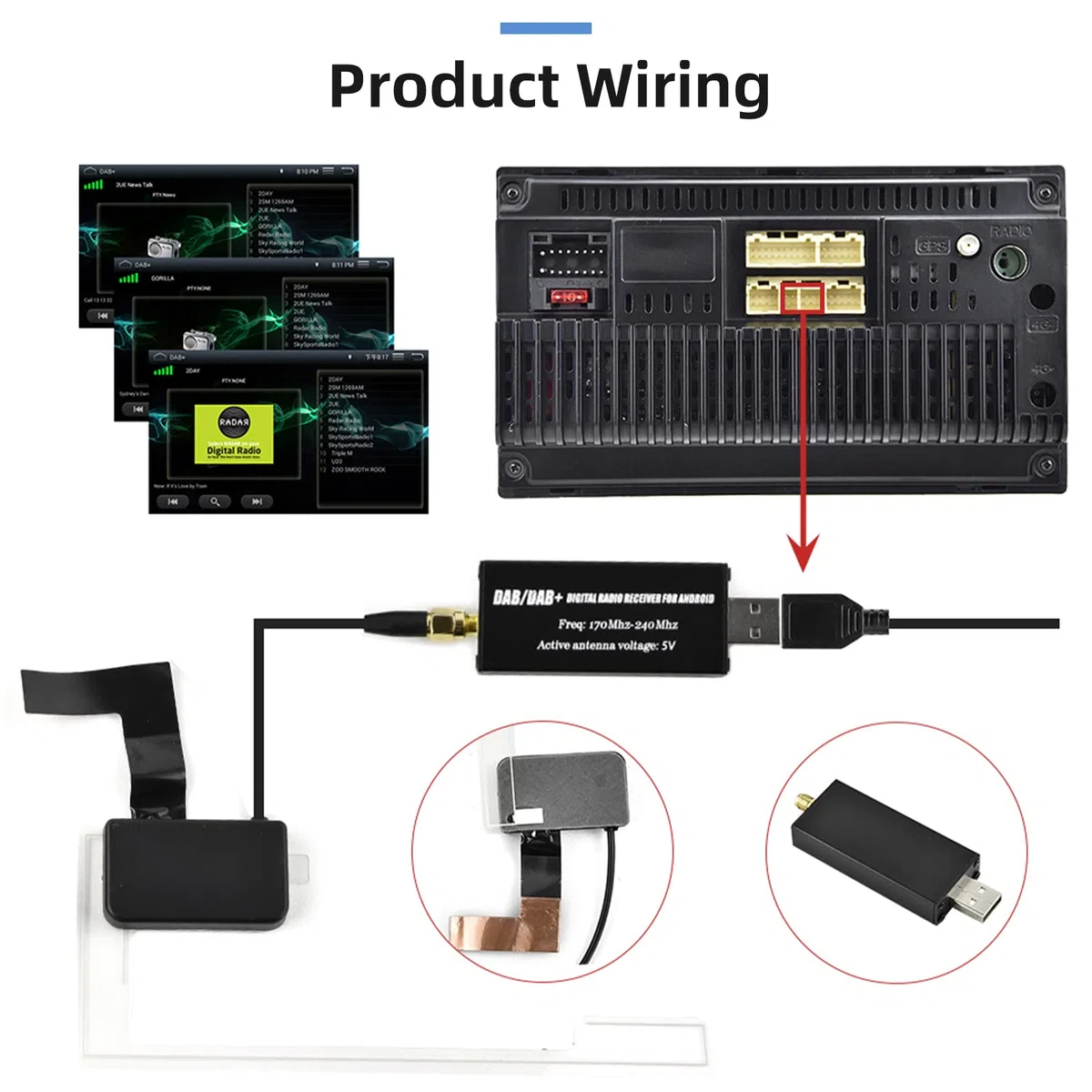 Podofo Dongle Dab/Dab+ adapter USB z anteną okienną samochodową, uniwersalny do odtwarzacza radia samochodowego z systemem Android, z aplikacją Dab, radiem na sygnał cyfrowy