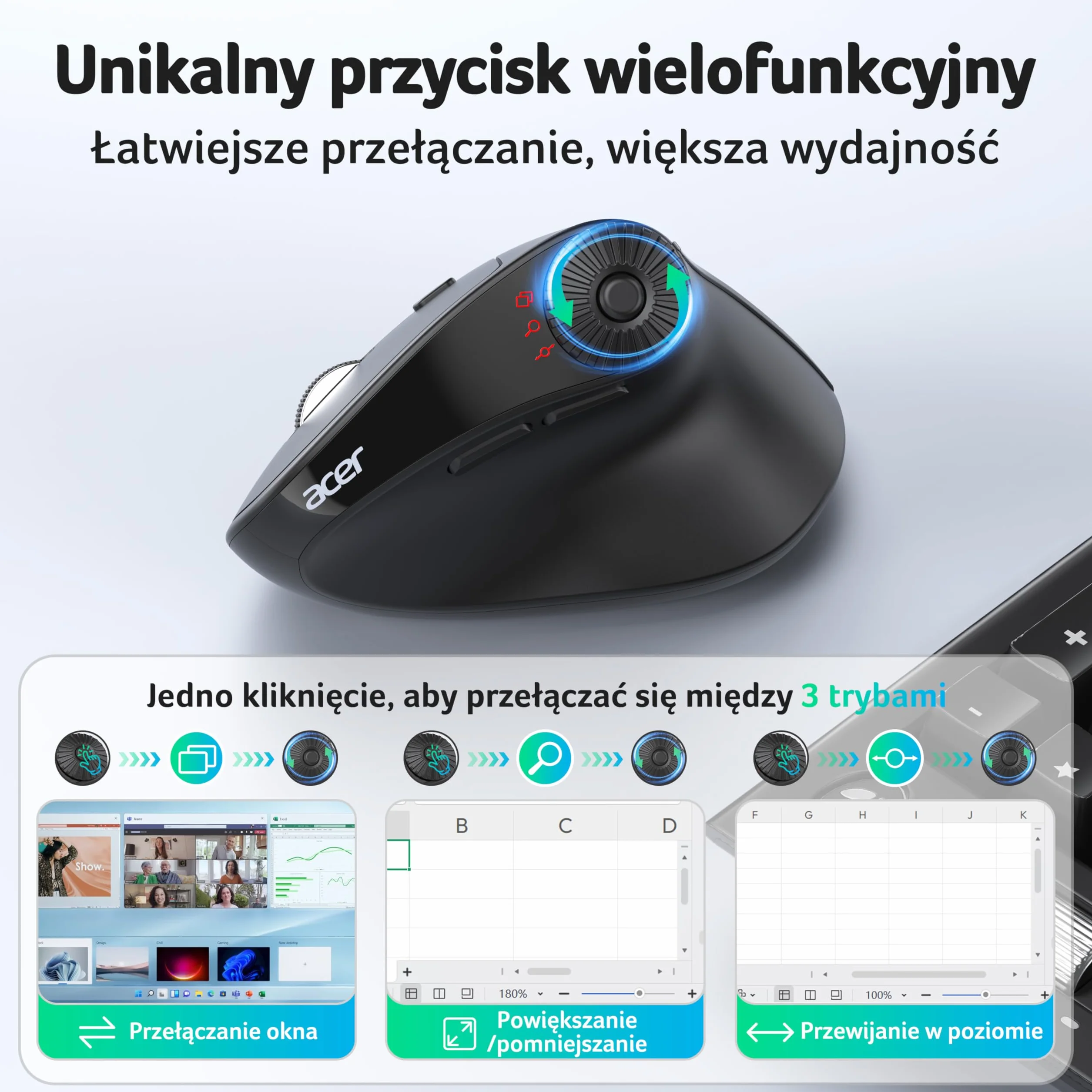 Acer Bezprzewodowa mysz ergonomiczna z bocznym kółkiem przewijania, 4000 DPI mysz Bluetooth do laptopa (BT5.2+2.4GHz), pionowa mysz, dla prawej ręki, 8 przycisków, odbiornik USB do PC, komputerów