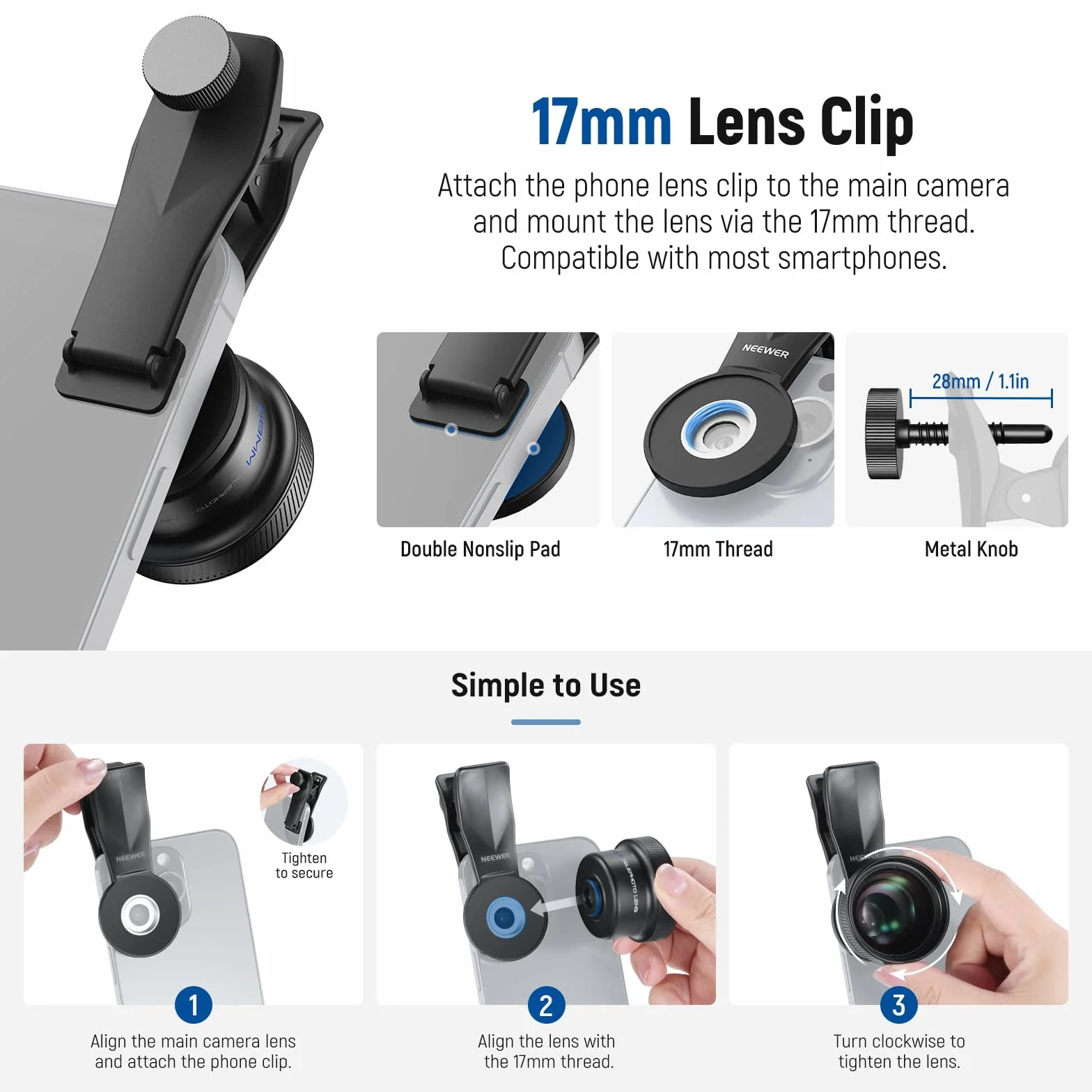 NEEWER Teleobiektyw 58 mm z 17 mm gwintowanym klipsem do aparatu telefonu, 6 elementów w 5 grupach, 2-krotne powiększenie, kompatybilny z iPhone Android Samsung do fotografii portretowej, LS-71