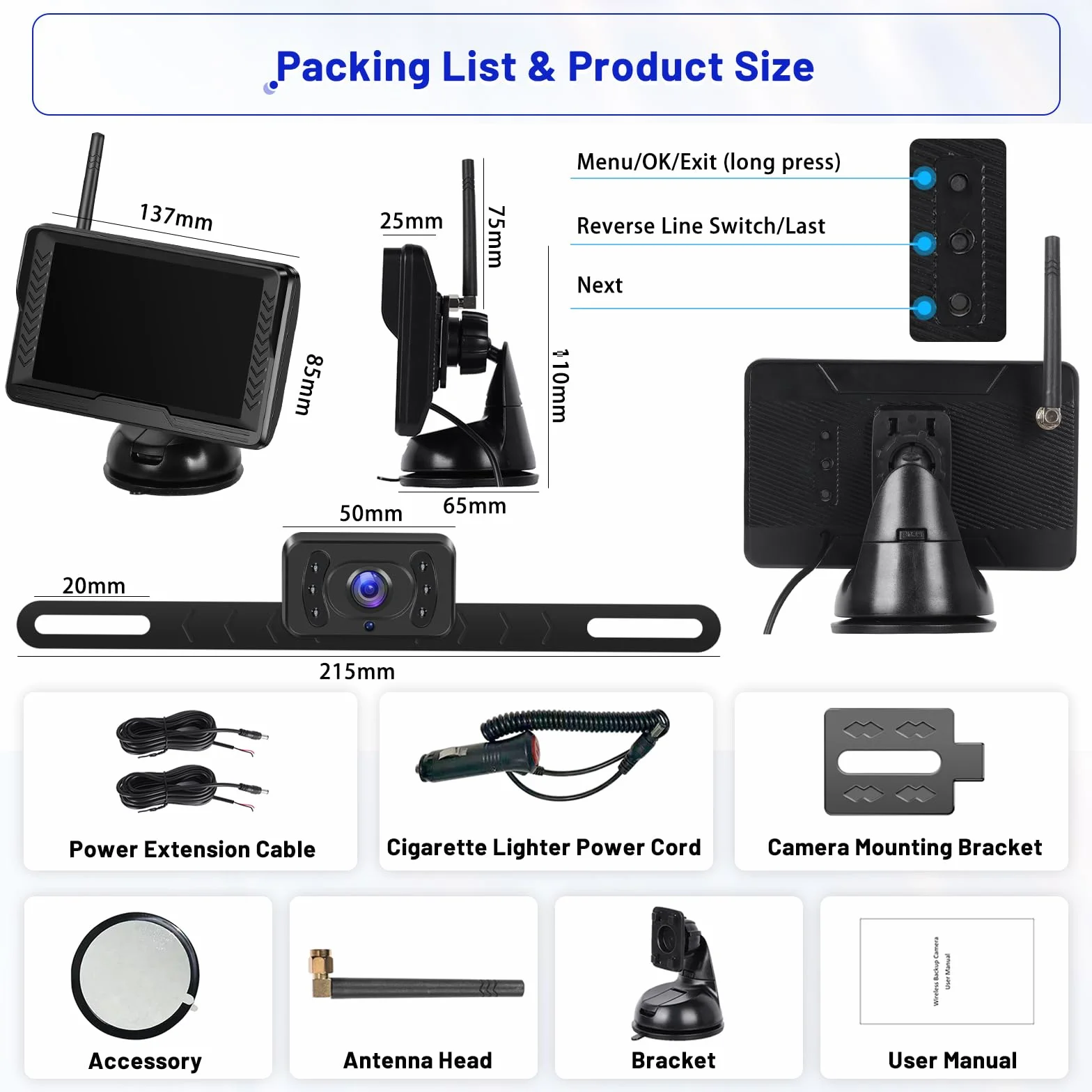 Hikity Zestaw bezprzewodowej cyfrowej kamery cofania, 5" bezprzewodowy monitor cofania, wodoszczelność IP69, AHD 1080P noktowizor, szeroki kąt cofania kamera do SUV-a, przyczepa kempingowa, samochód