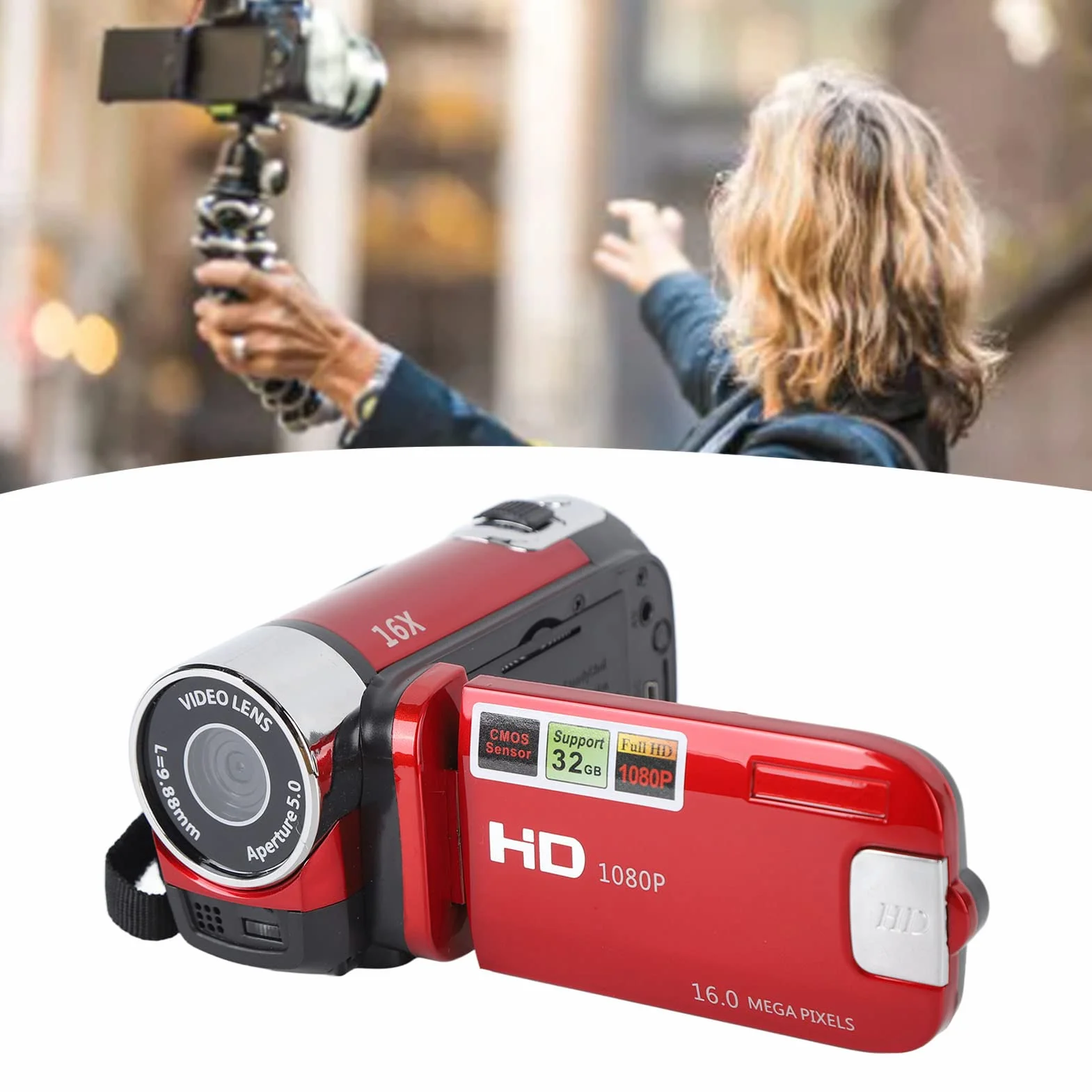 Ręczna kamera wideo DV 1080P 16 MP 16-krotny zoom cyfrowy obrotowy ekran TFT 6.9 cm czerwona