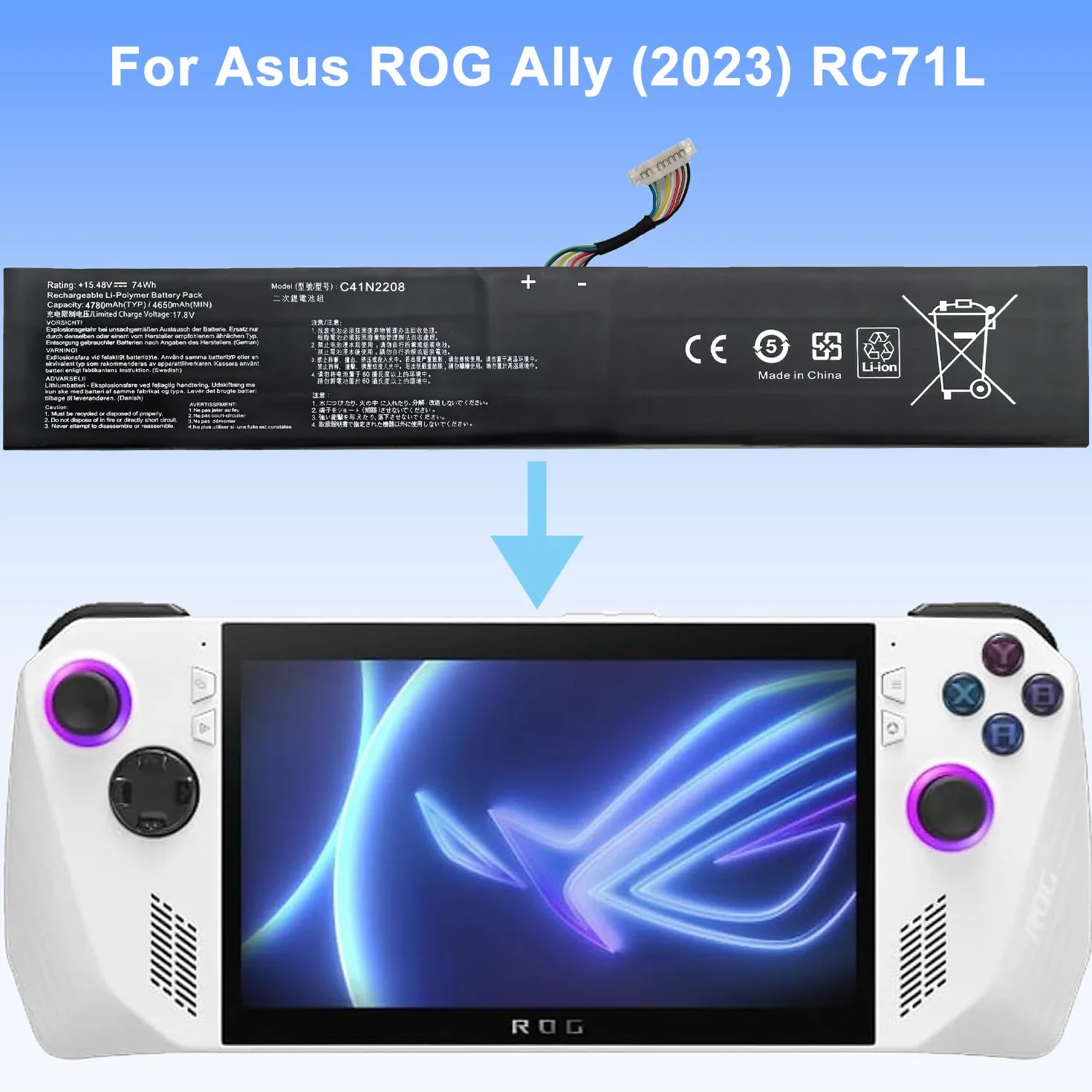 XITAIAN 15,48V 74Wh 4780mAh C41N2208 bateria zamienna do konsoli do gier Asus ROG Ally (2023) RC71L