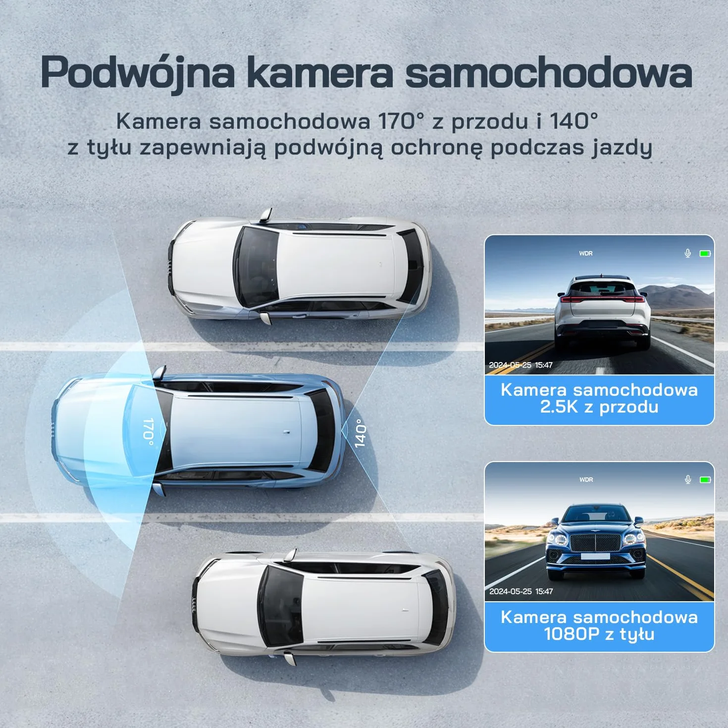 Kamera samochodowa WOLFANG przednia i tylna 2,5K, kamera samochodowa z wyświetlaczem LCD 3,0", super noktowizor, nagrywanie w pętli, czujnik G, szerokokątny HDR 170, osłona parkowania