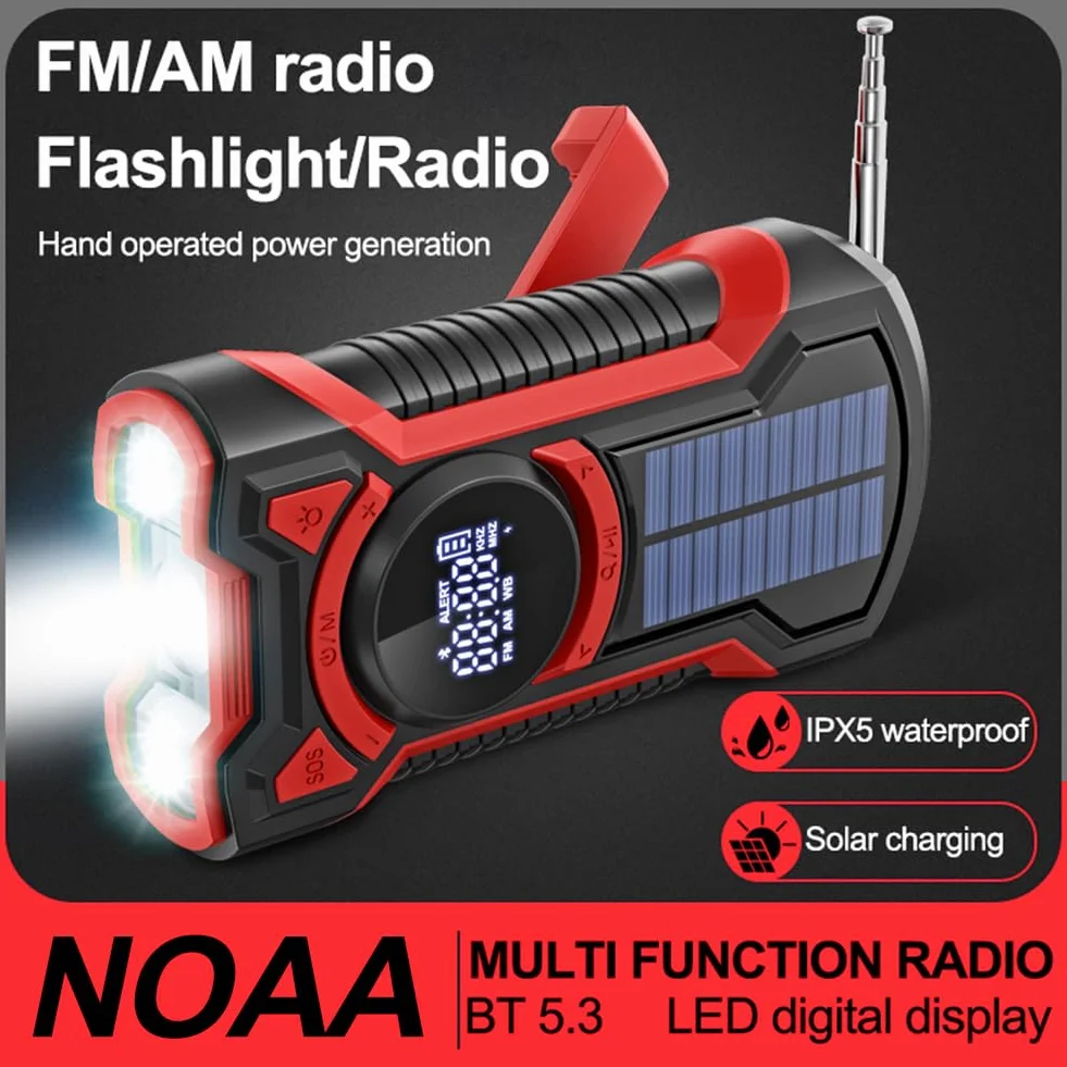 Wind Up Solar Radio awaryjne, korba ręczna AM/FM/NOAA Radio pogodowe przenośne z 5000 mAh Power Bank BT 5.3 ładowarka do telefonu latarka LED SOS Alarm do namiotów turystycznych
