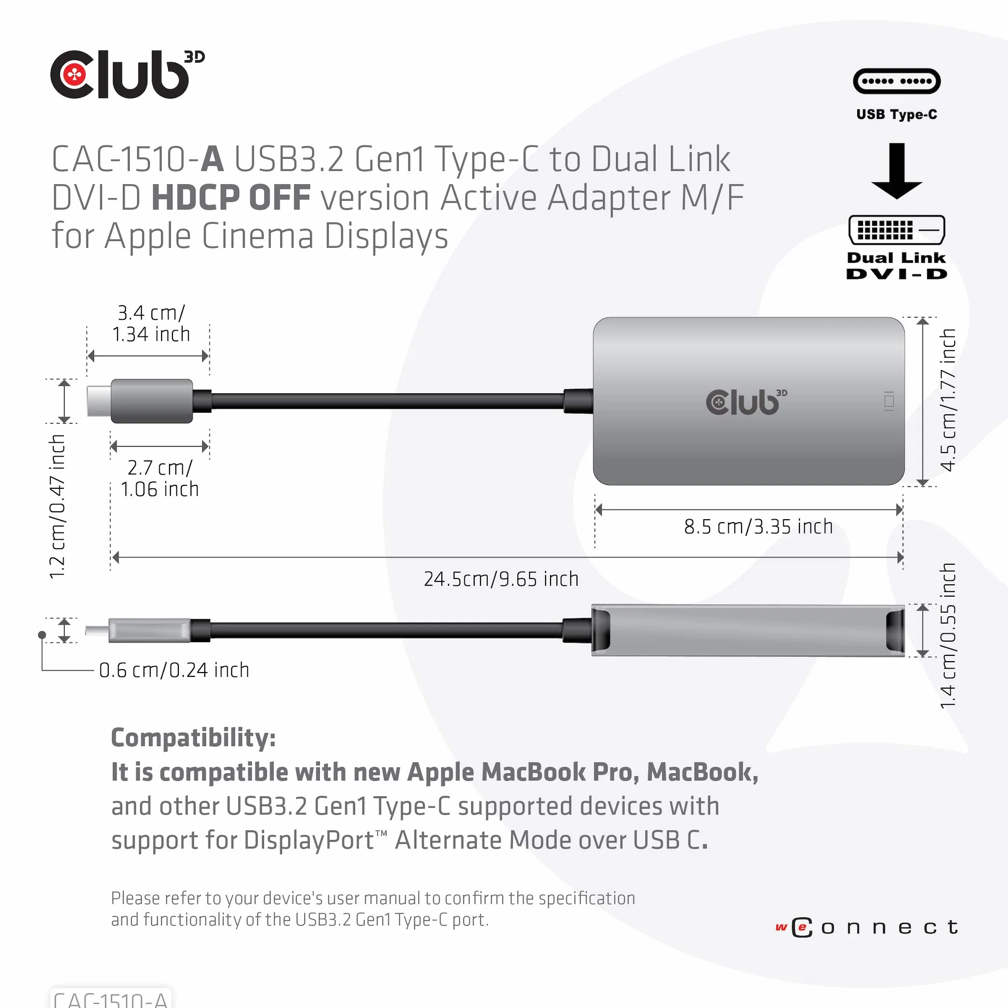 Club 3D 3D Gen1 Type-C na Dual Link DVI-D HDCP Off Version Aktywny adapter S/B do wyświetlaczy Apple Cinema Displays, CAC-1510-A