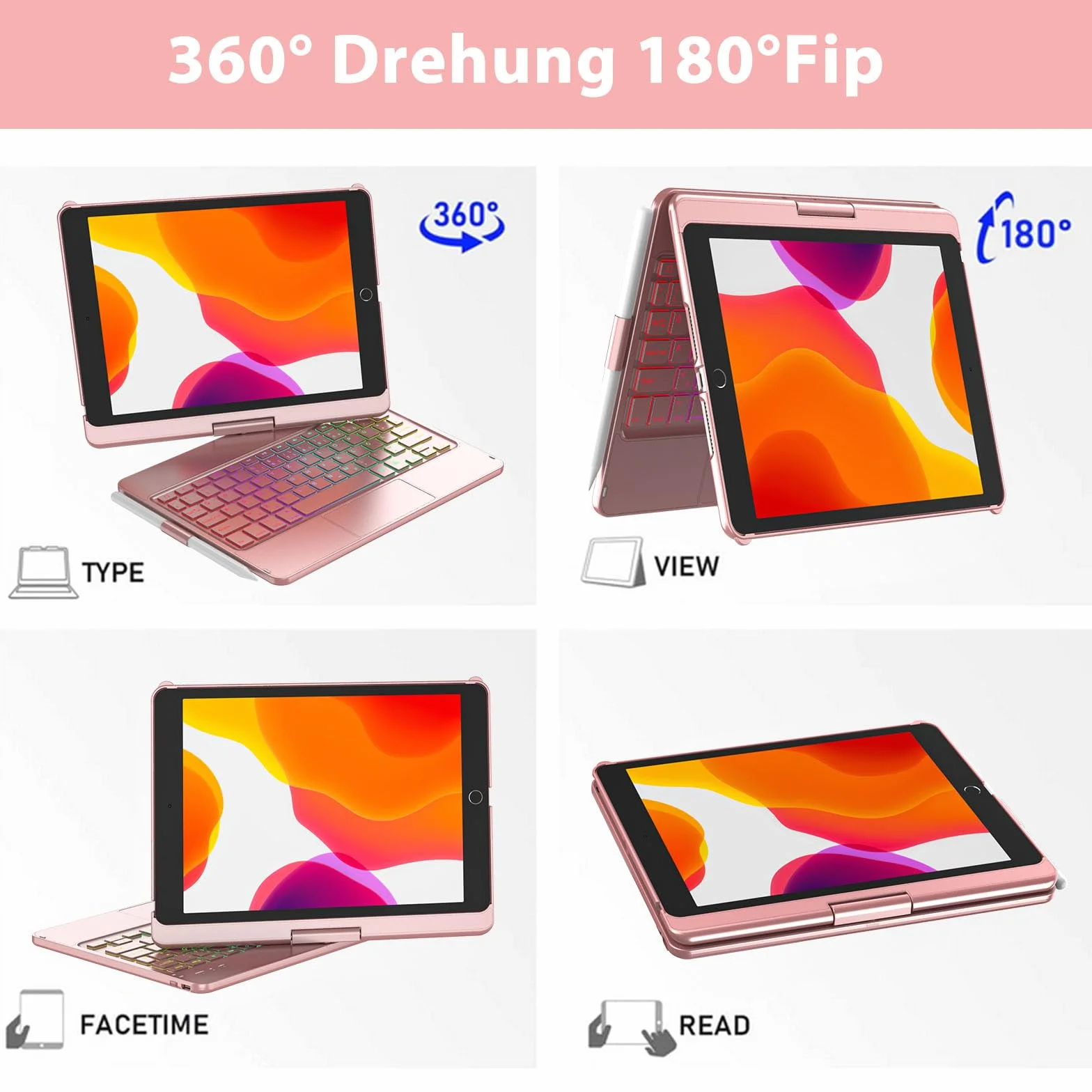 Etui na klawiaturę do iPada 10,2", do iPada 9/8/7 generacji, touchpad 360°, etui z klapką, smukłe etui, bezprzewodowe etui na klawiaturę Bluetooth, 7 podświetleń, funkcja automatycznego uśpienia