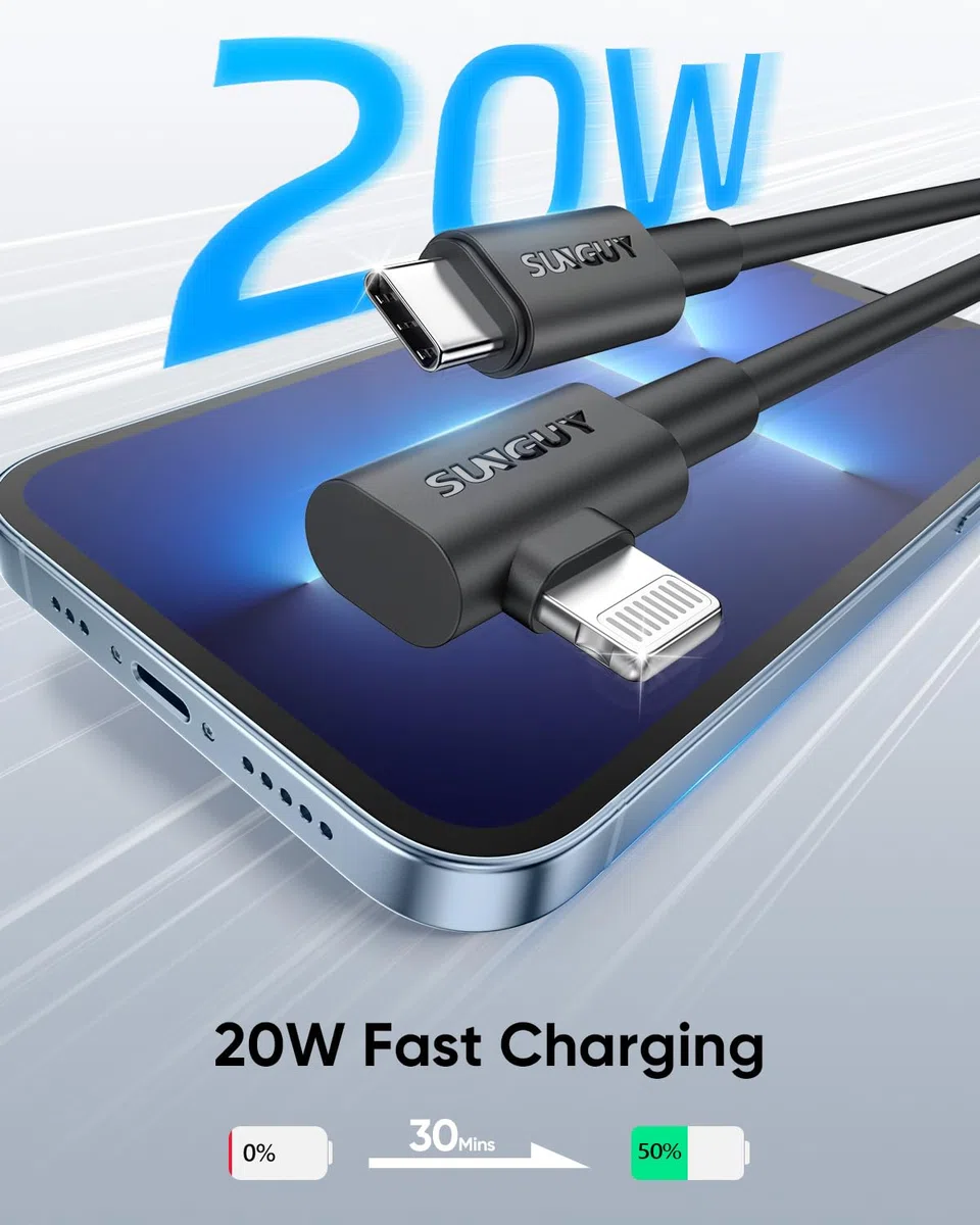 SUNGUY USB C do Lightning Kabel 0.3m, 2 Pakiet [Certyfikowany MFi] 20W iPhone Szybkie ładowanie Kabel 90 stopni USB C Lightning Kabel für iPhone 14/13/12/11 Pro Max Mini XR XS 8 7 6 5 Plus, CarPlay