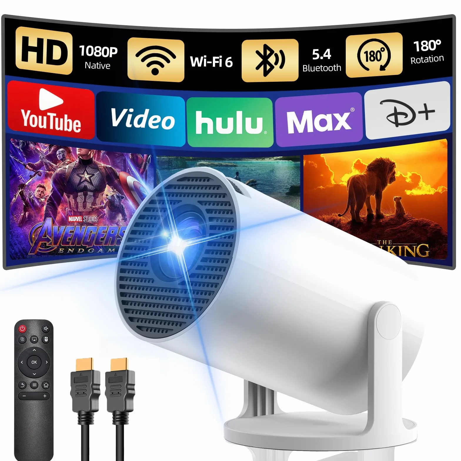 Projektor 4K 18000 Lumens, YOTON Y6 Projektor Bluetooth z Dwoma Głośnikami, łatwy Interfejs Nawigacyjny, Natywna 1080P, Obsługa Odtwarzania Wideo 4K, Zgodność ze Smartfonami, HDMI, USB i Fire Stick