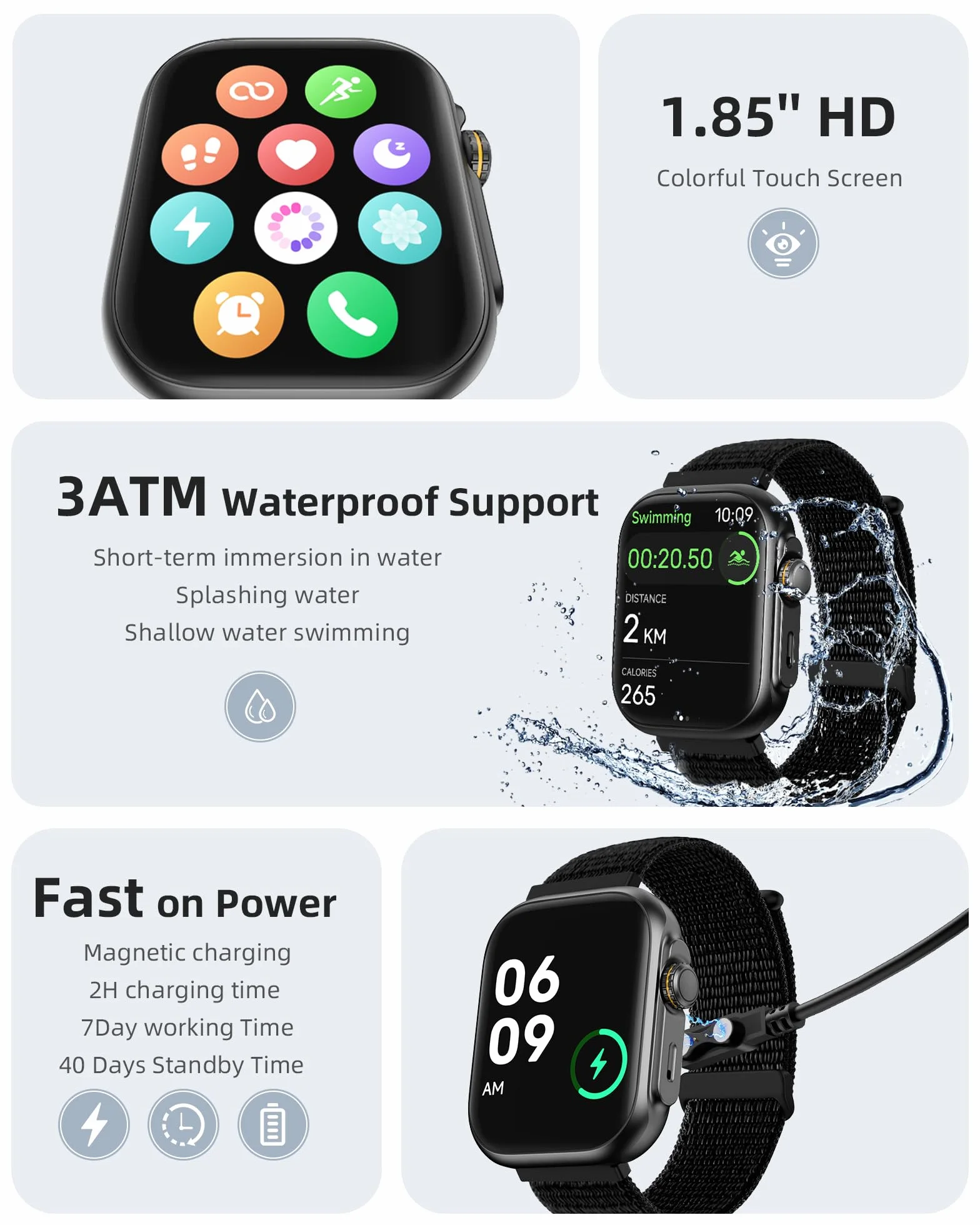 Parsonver Zegarek Smartwatch dla kobiet i mężczyzn z funkcją telefonu, Wbudowany GPS, 30M wodoodporny do pływania, 1,85" zegarek z 100+ sportami, monitorowanie tętna i snu, dla Androida i iOS, czarny
