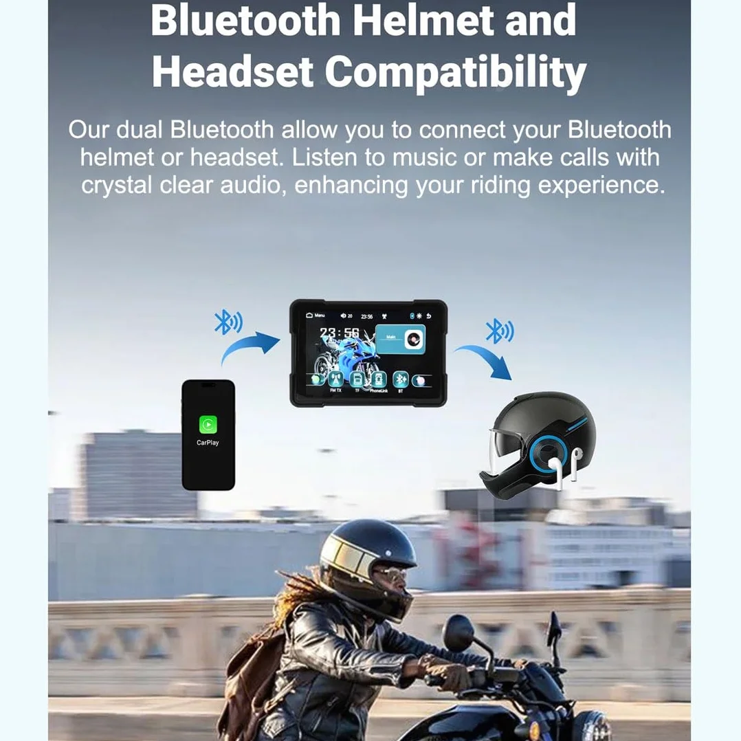 5-calowy przenośny ekran dotykowy do motocykla, bezprzewodowy ekran dotykowy CarPlay i Android Auto Dual Bluetooth, wodoodporność IP66, obsługa Siri i G-oogle Assistant