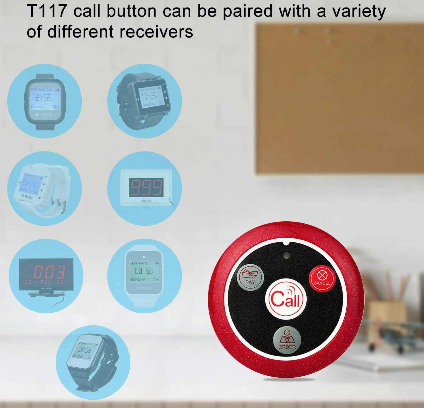 Retekess T117 System Pagera Bezprzewodowy Nadajnik Przycisku Wywołania 4 Klawisz Funkcyjny do Ekranu T114 Zegar TD106 Lub zegar T128 (5 sztuk)
