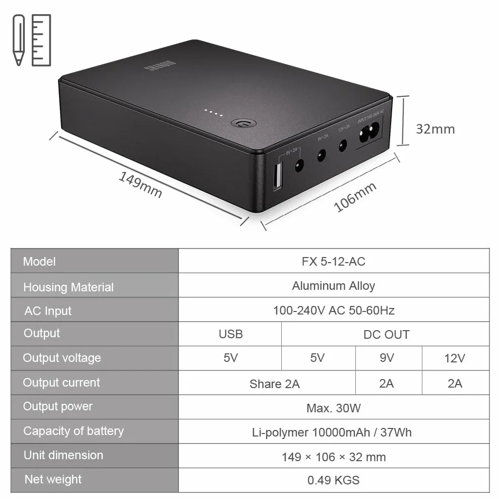 Mini UPS Nieprzerwany zasilacz UPS 37Wh AC USB 5V 9V 12V 2A dla routera modemu kamery