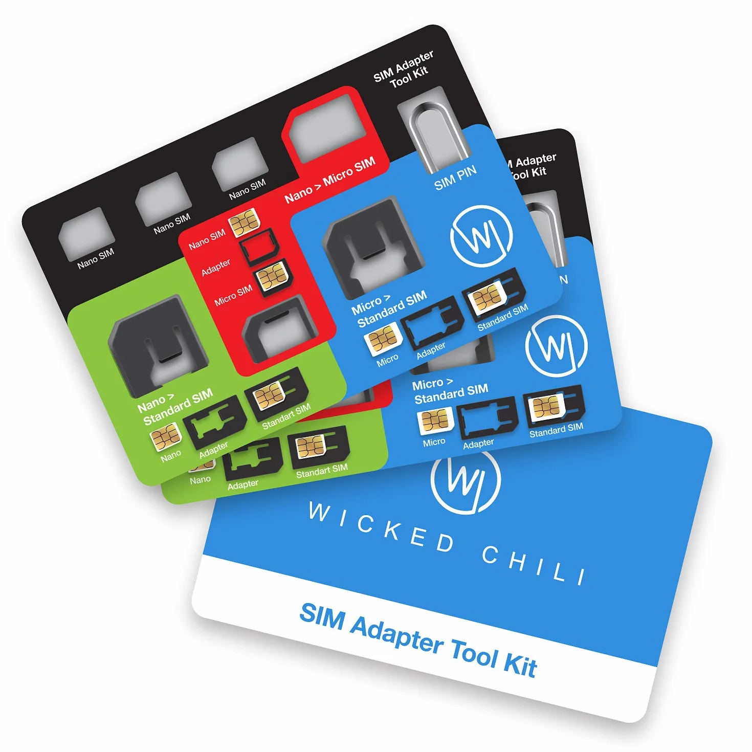 Wicked Chile 8in1 Micro Nano SIM Adapter Zestaw i standardowe karty + Pin do kart SIM do telefonu komórkowego, tabletu, routera WLAN, LTE Router podróżny, Surfstick(z etui podróżnym)