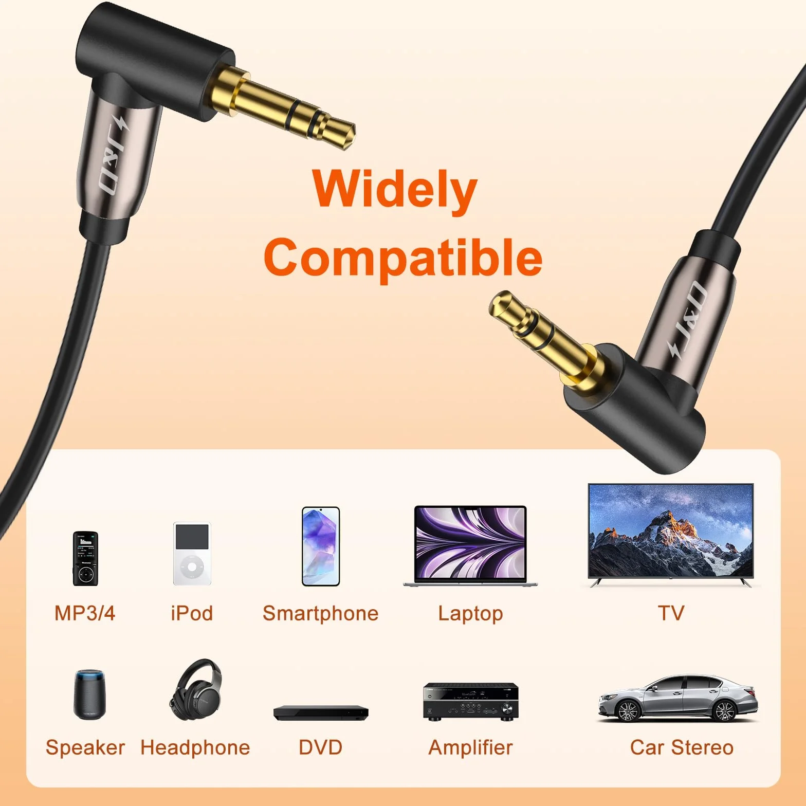 J&D 2-pakiety złoconych kabli audio stereo 3,5 mm Aux 90° prosty kąt Kompatybilne z iPhone, głośnikami i innymi urządzeniami, 0,9 m