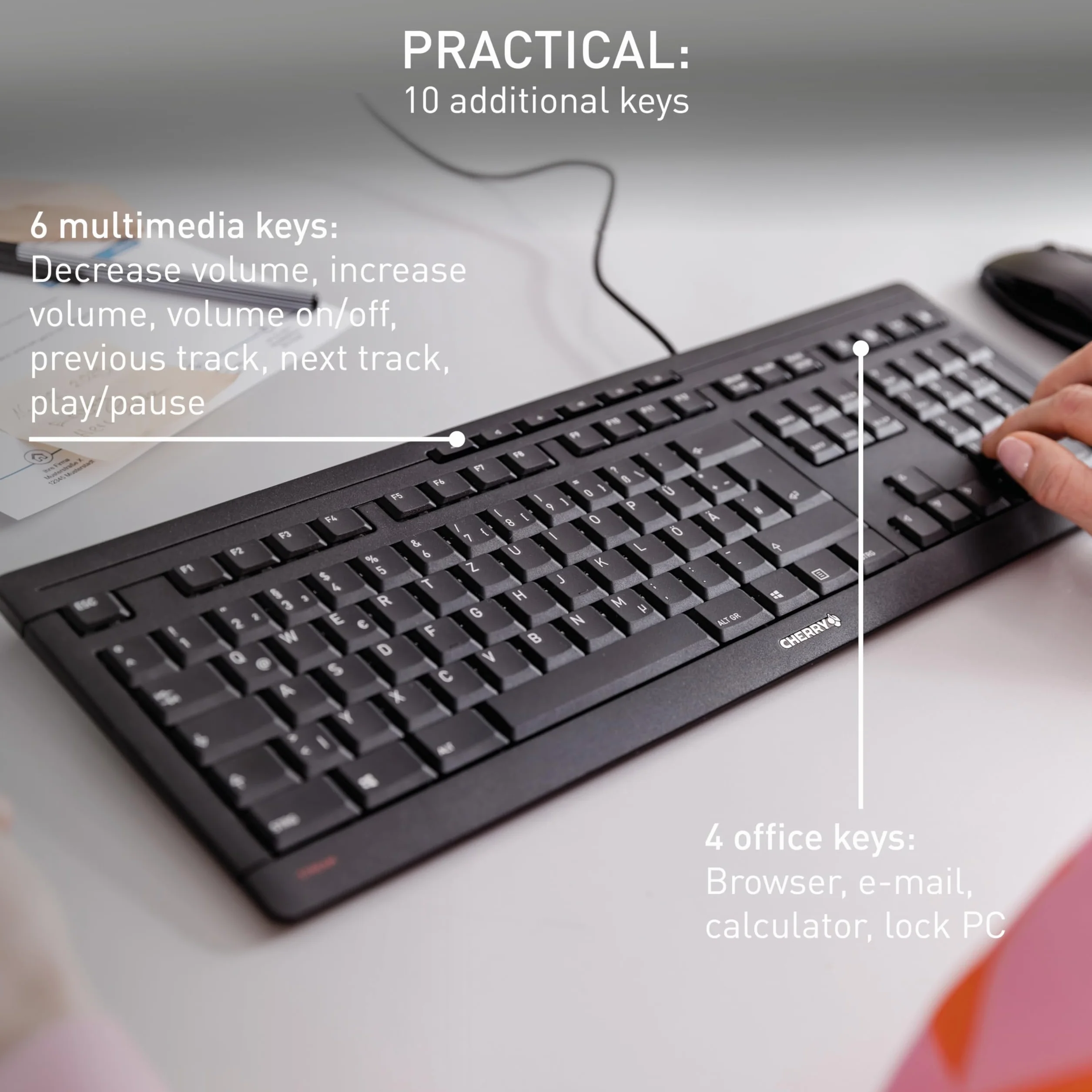 CHERRY STREAM KEYBOARD Klawiatura Przewodowa Układ Niemiecki QWERTZ Cichy Czarny